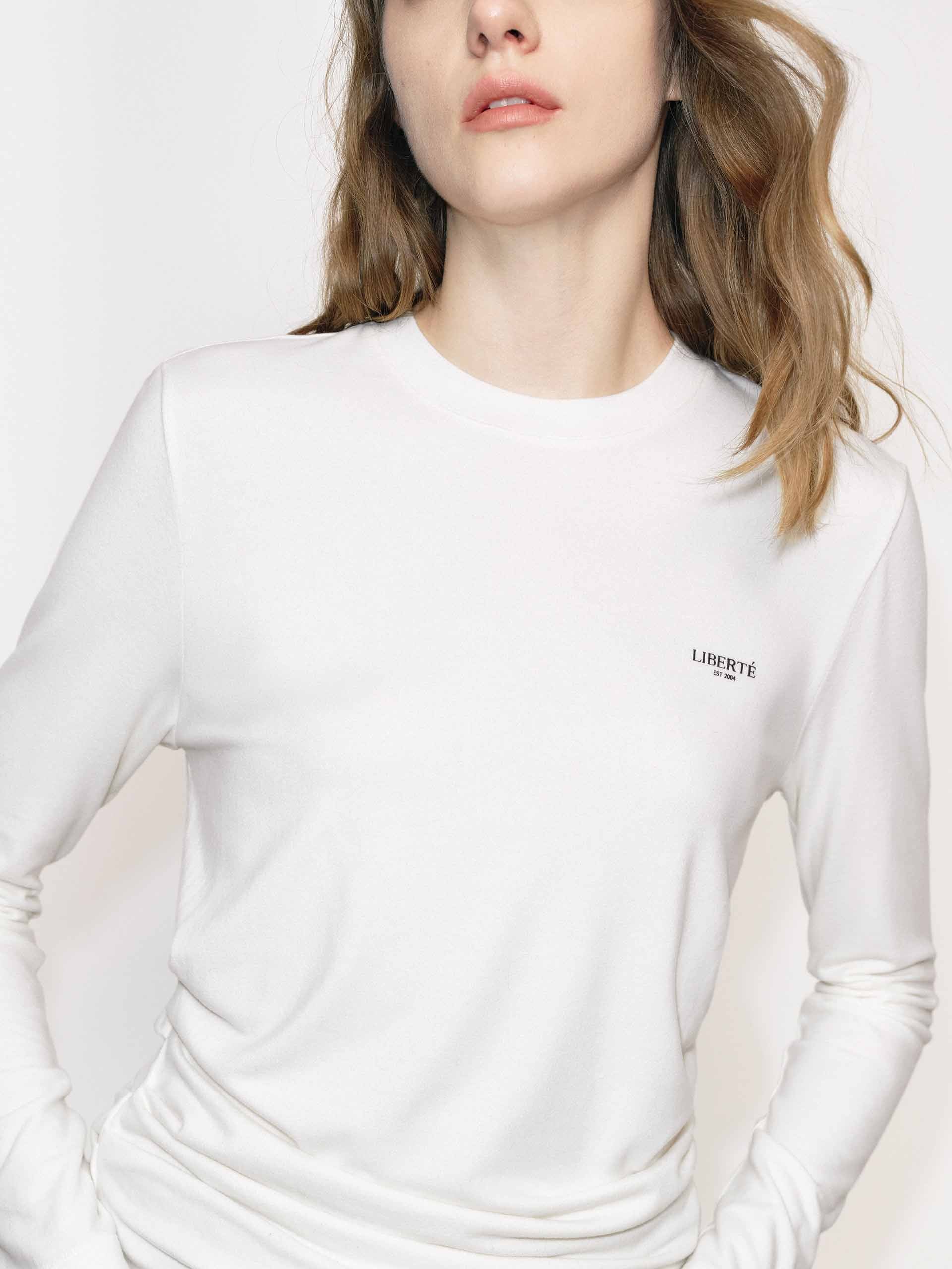 MO&Co. Women's Long Sleeves Fitted Gathered T-shirt in White