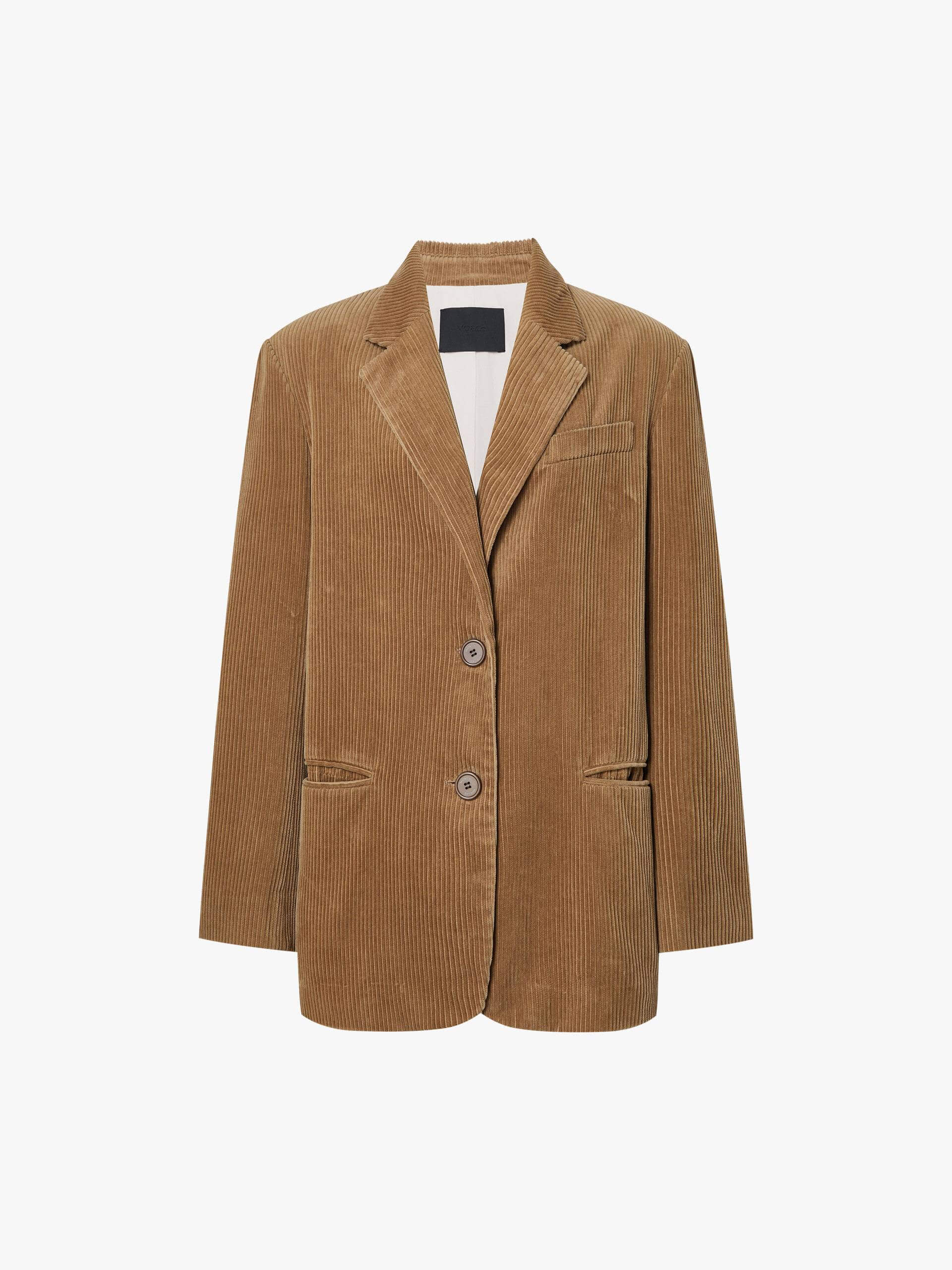 MO&Co. Single-Breasted Corduroy Blazer with Peak Lapel in Camel