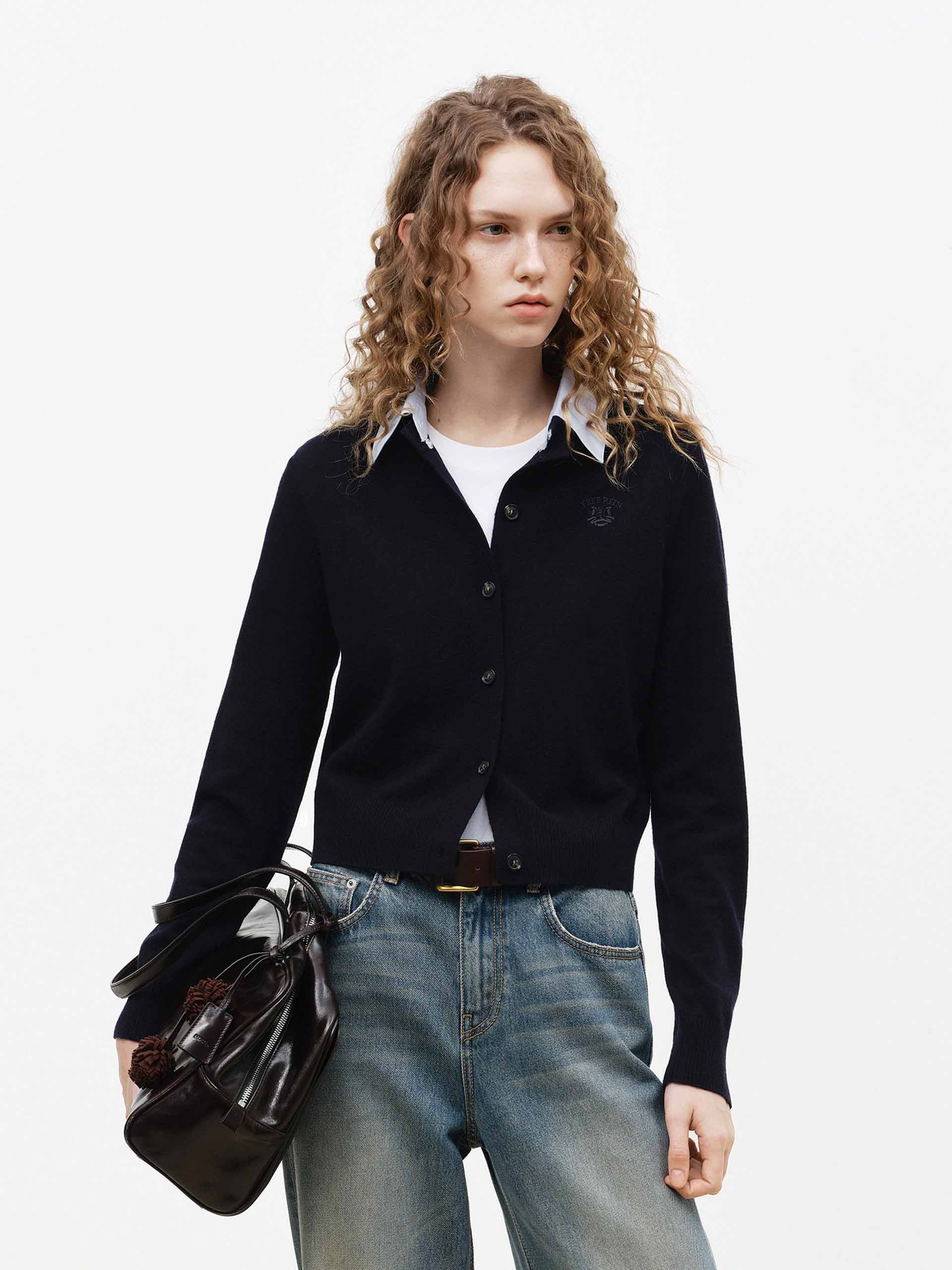 MO&Co. Wool Cashmere Knit Cardigan with Leather Stand-Up Collar in Navy