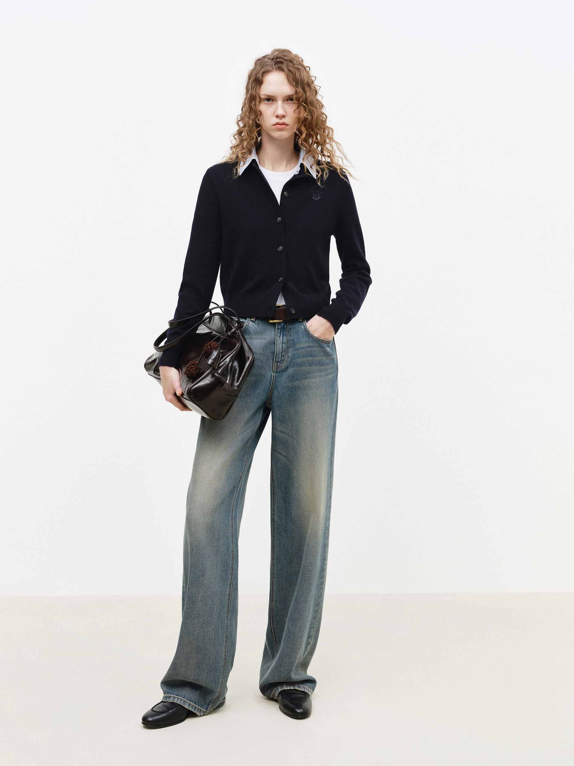 MO&Co. Wool Cashmere Knit Cardigan with Leather Stand-Up Collar in Navy