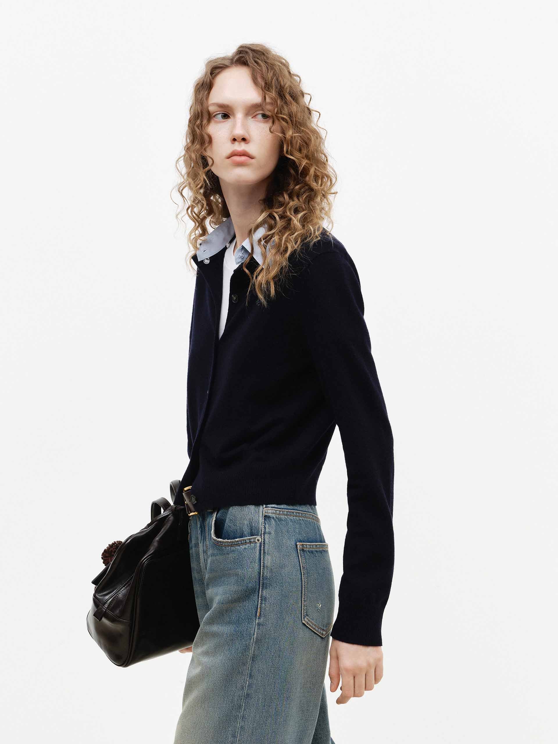 MO&Co. Wool Cashmere Knit Cardigan with Leather Stand-Up Collar in Navy