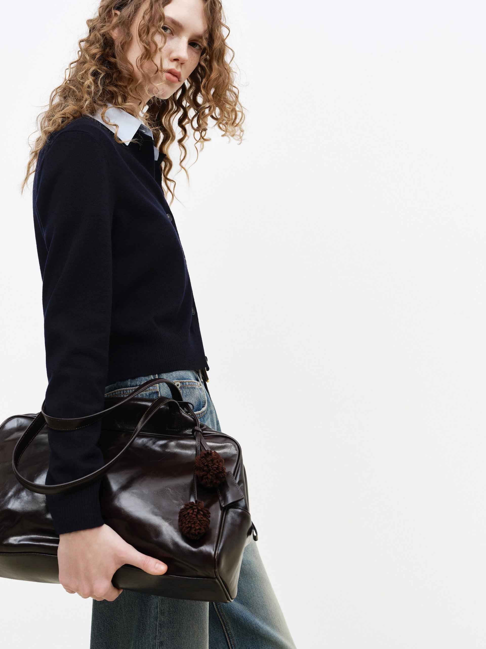 MO&Co. Wool Cashmere Knit Cardigan with Leather Stand-Up Collar in Navy