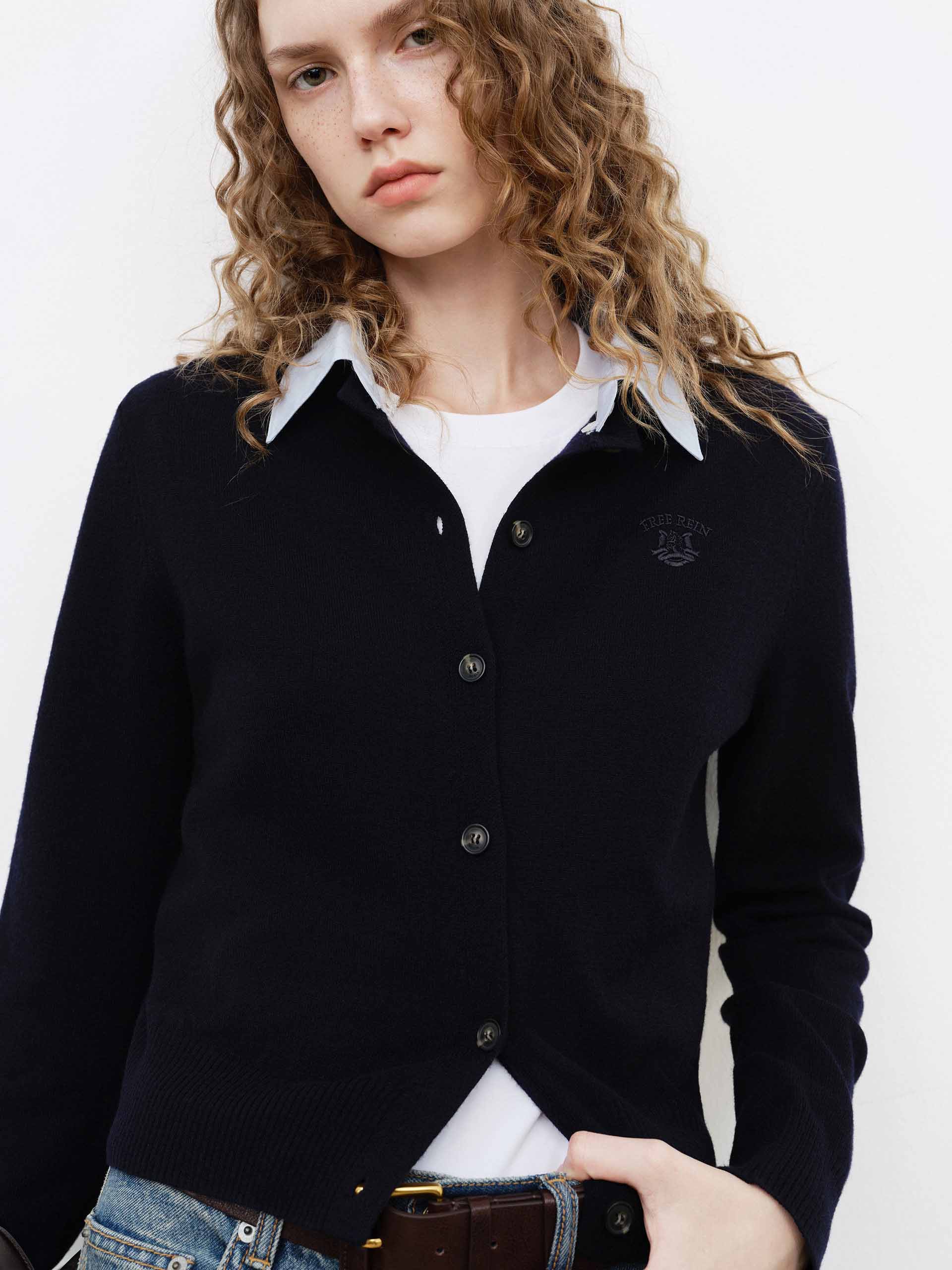 MO&Co. Wool Cashmere Knit Cardigan with Leather Stand-Up Collar in Navy