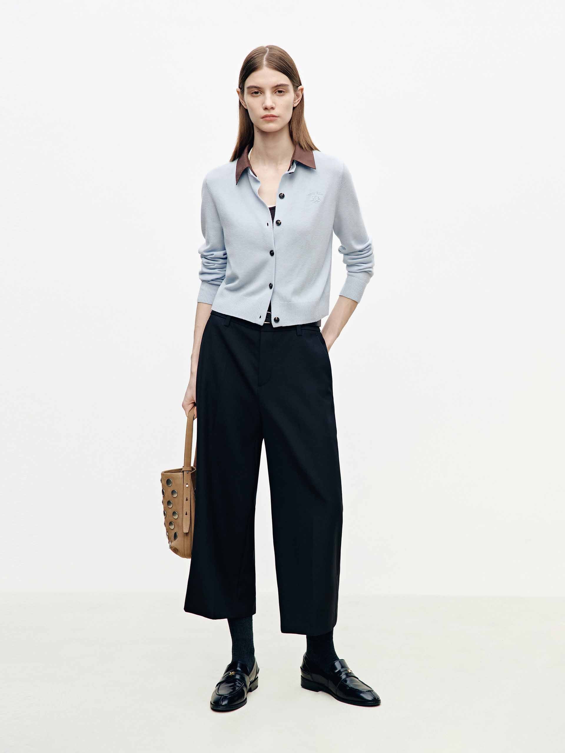 MO&Co. Wool Cashmere Knit Cardigan with Leather Stand-Up Collar in Navy