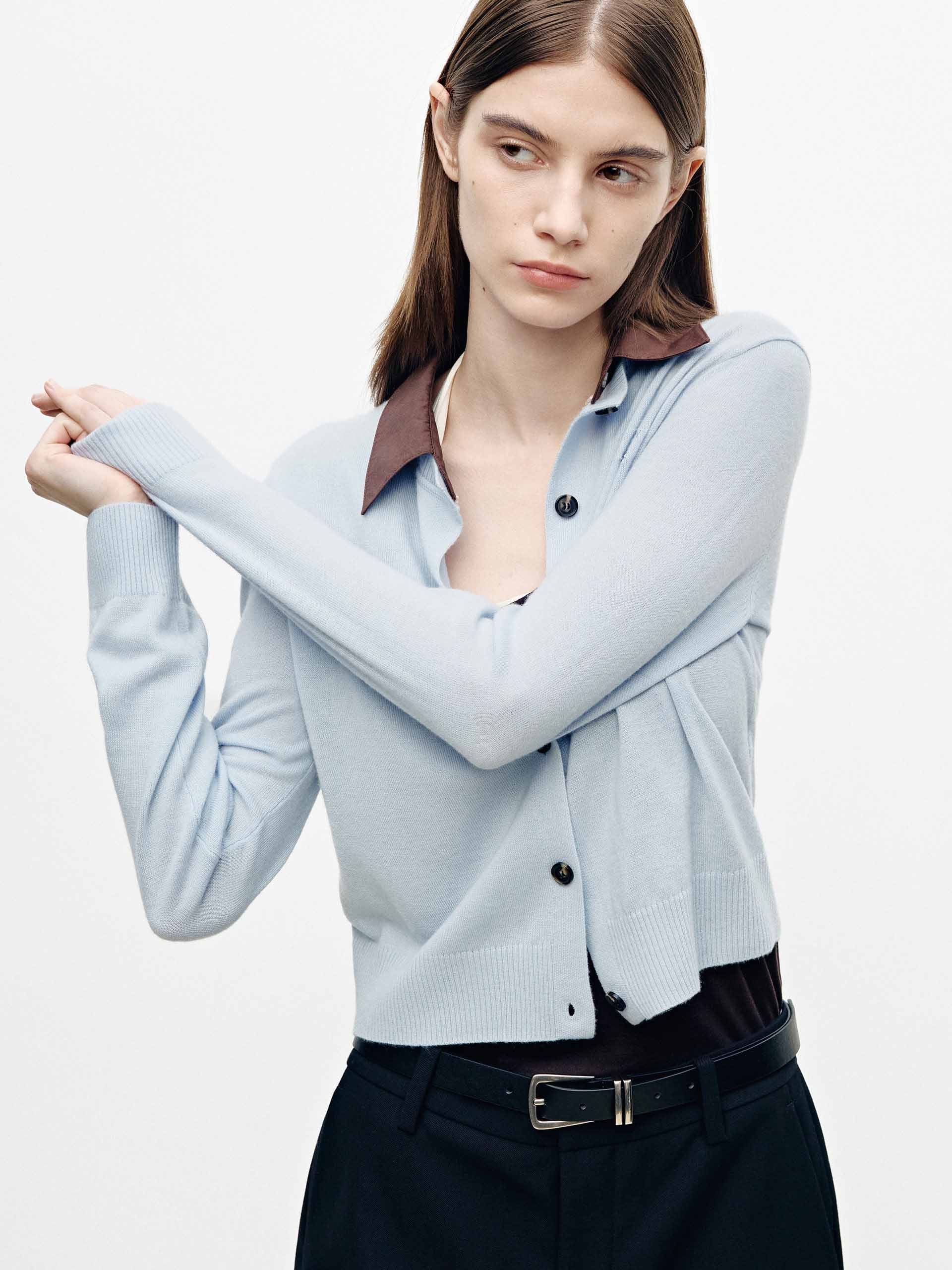 MO&Co. Wool Cashmere Knit Cardigan with Leather Stand-Up Collar in Navy