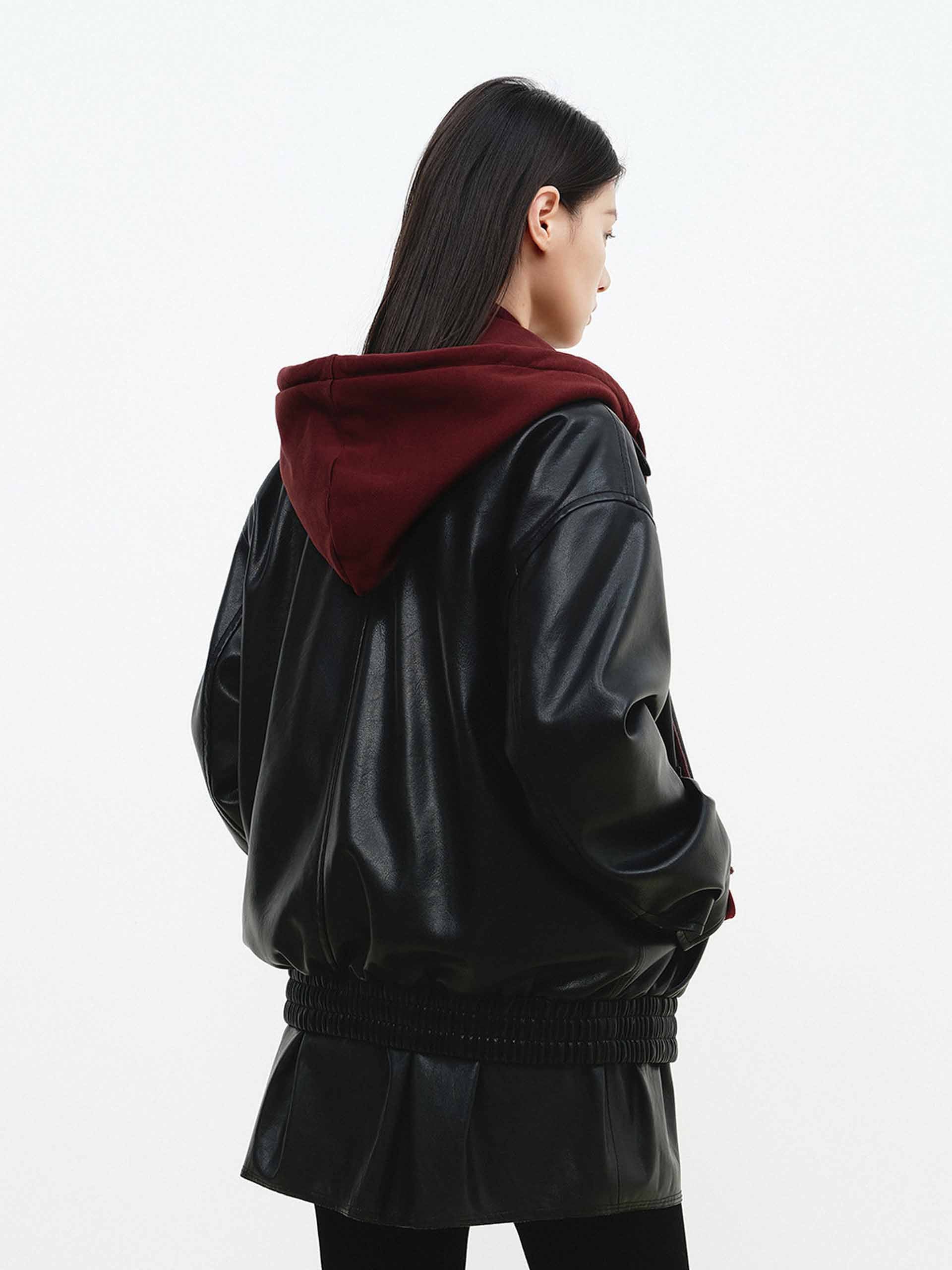 MO&Co. Contrast Hood PU Leather Zip Coat