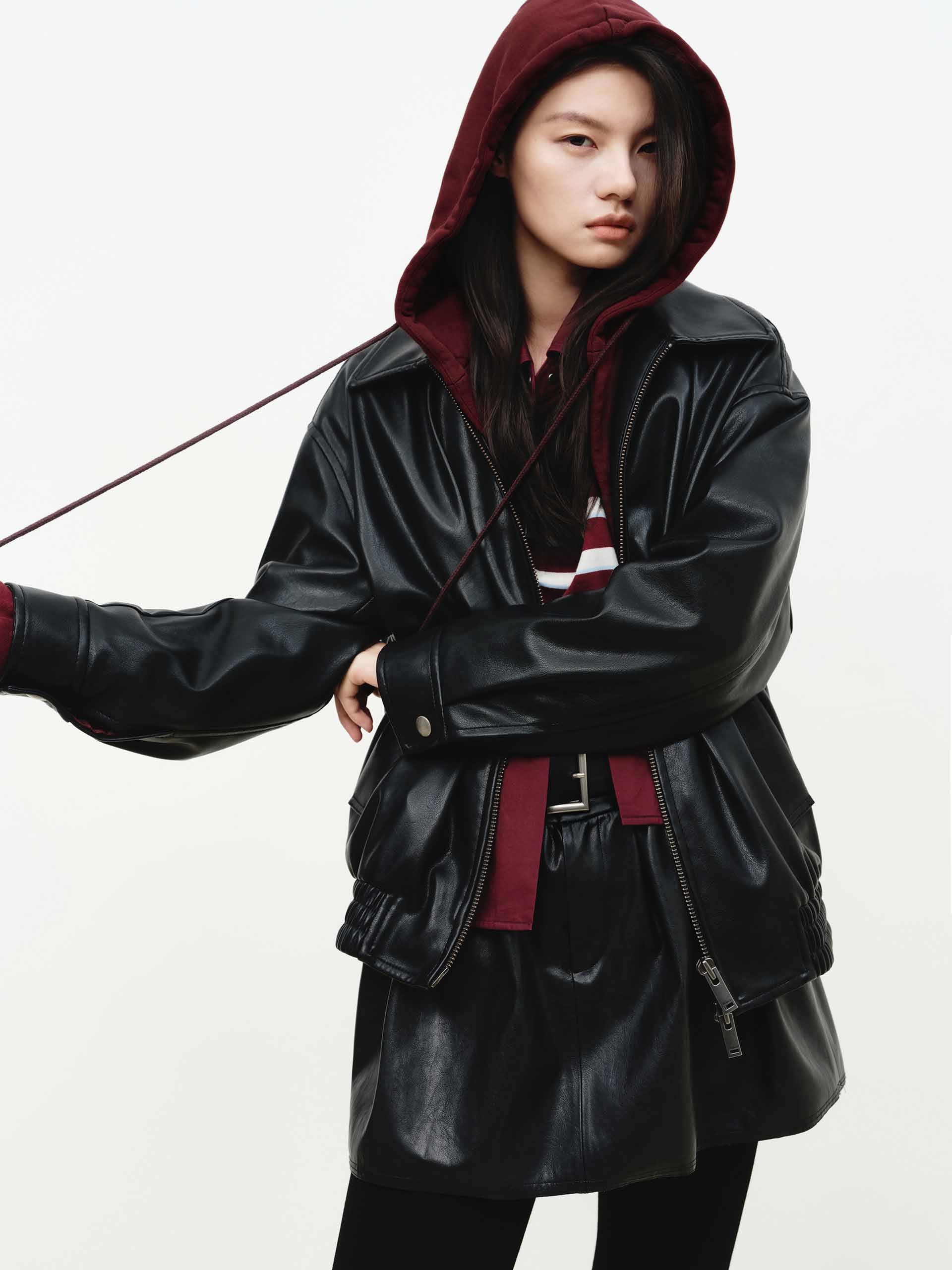 MO&Co. Contrast Hood PU Leather Zip Coat