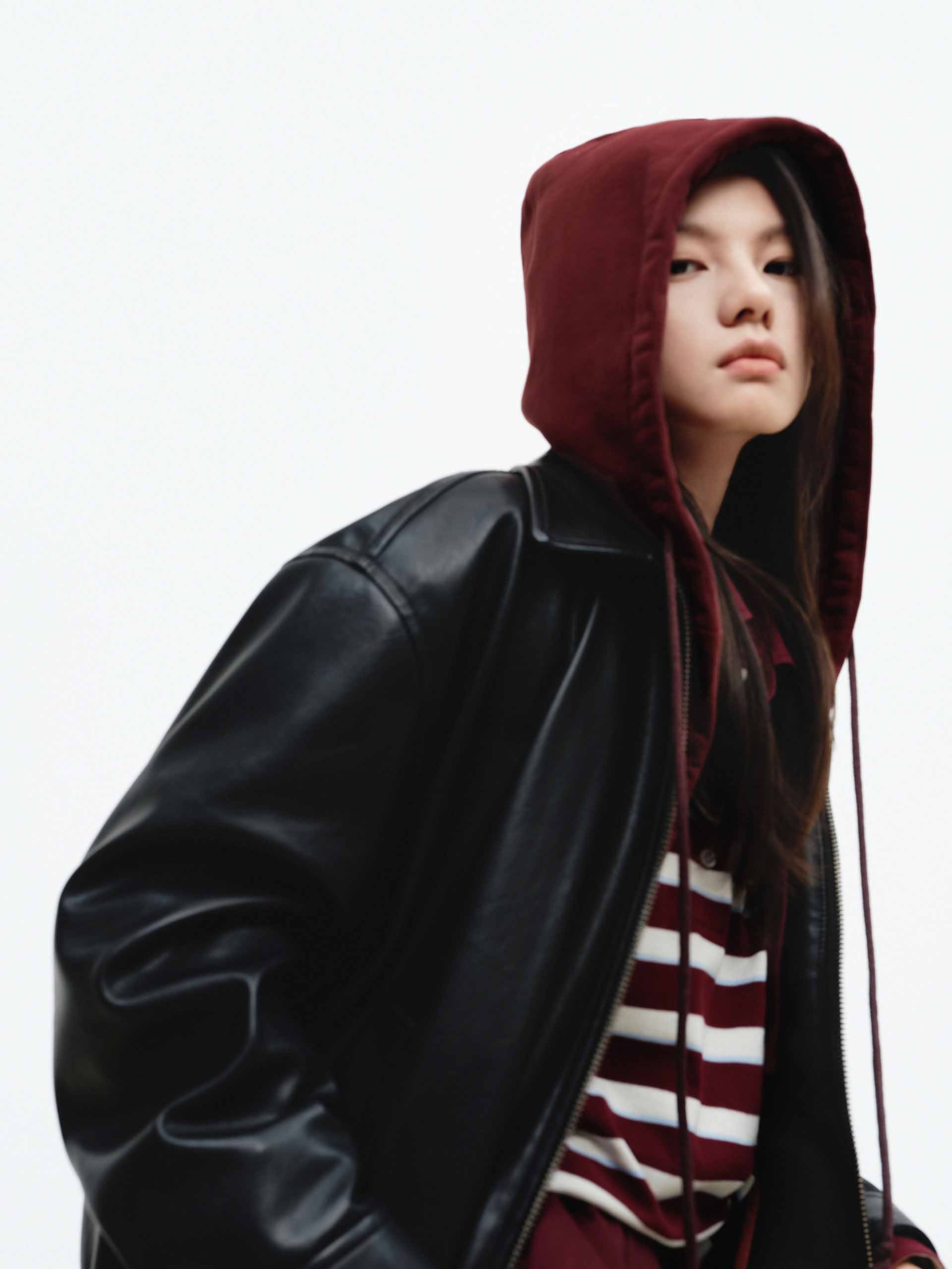 MO&Co. Contrast Hood PU Leather Zip Coat