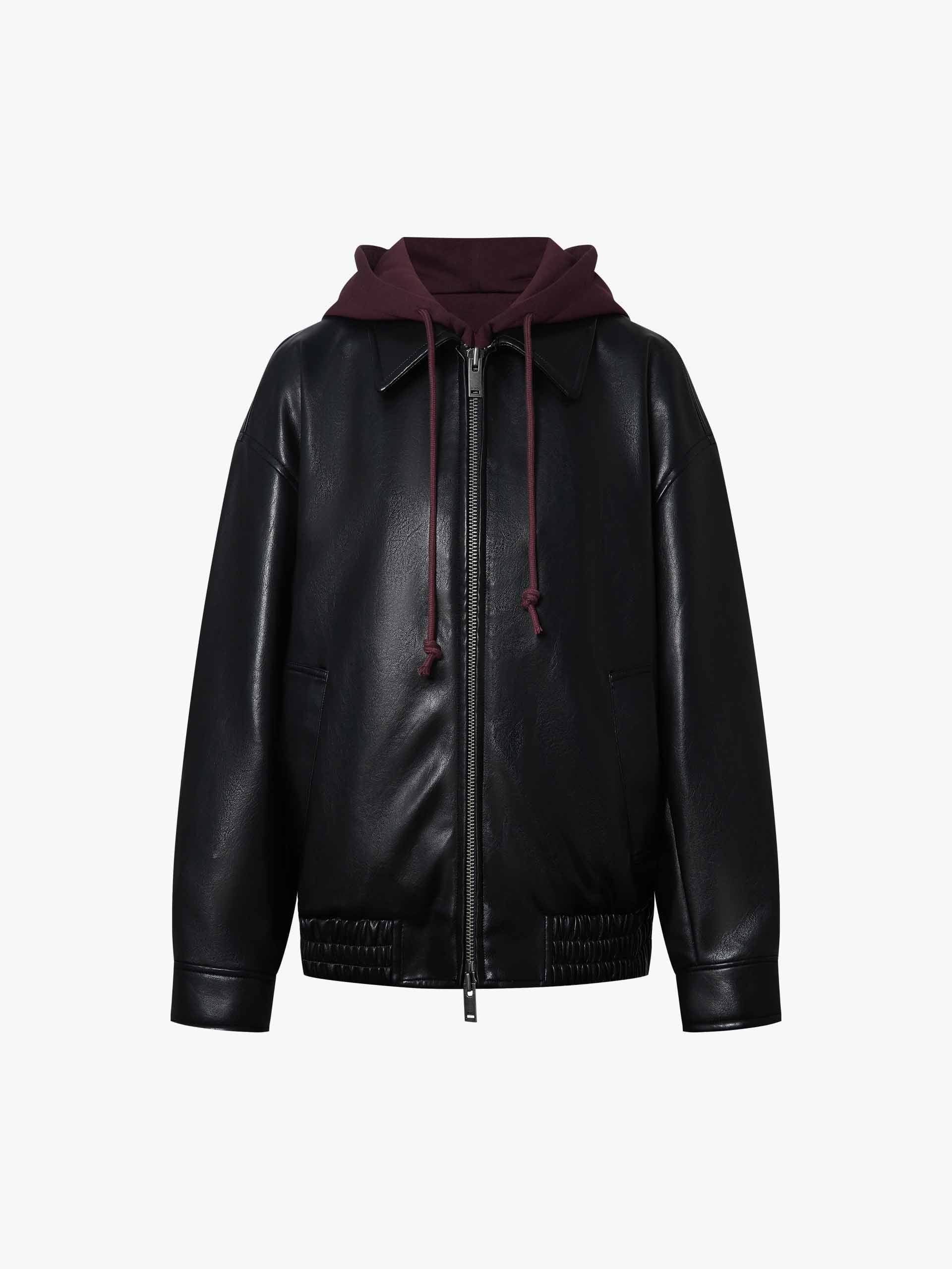 MO&Co. Contrast Hood PU Leather Zip Coat