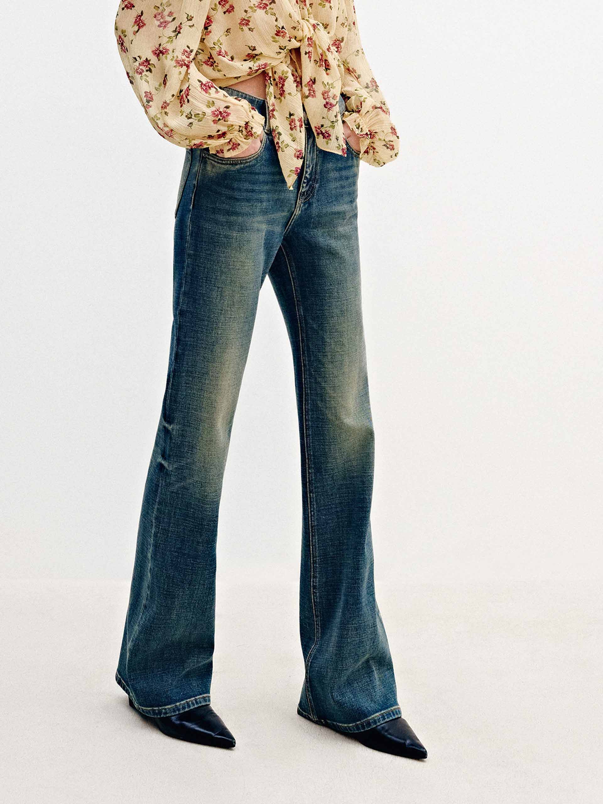 MO&Co. Women's 70s Inspired Flared Jeans with Whisker Effect