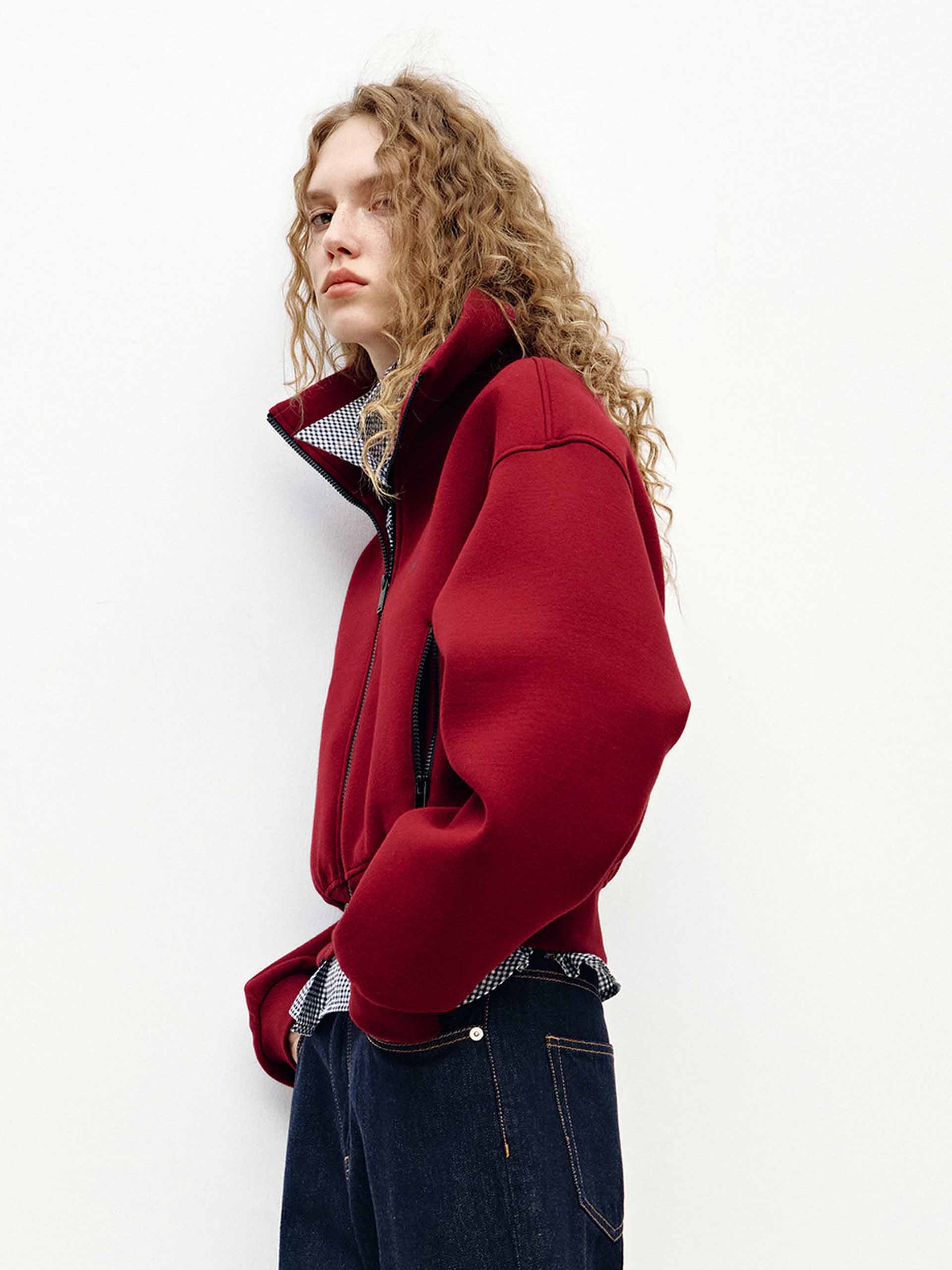 MO&Co. Cropped Athleisure Jacket with Wide Lapel Collar in Red