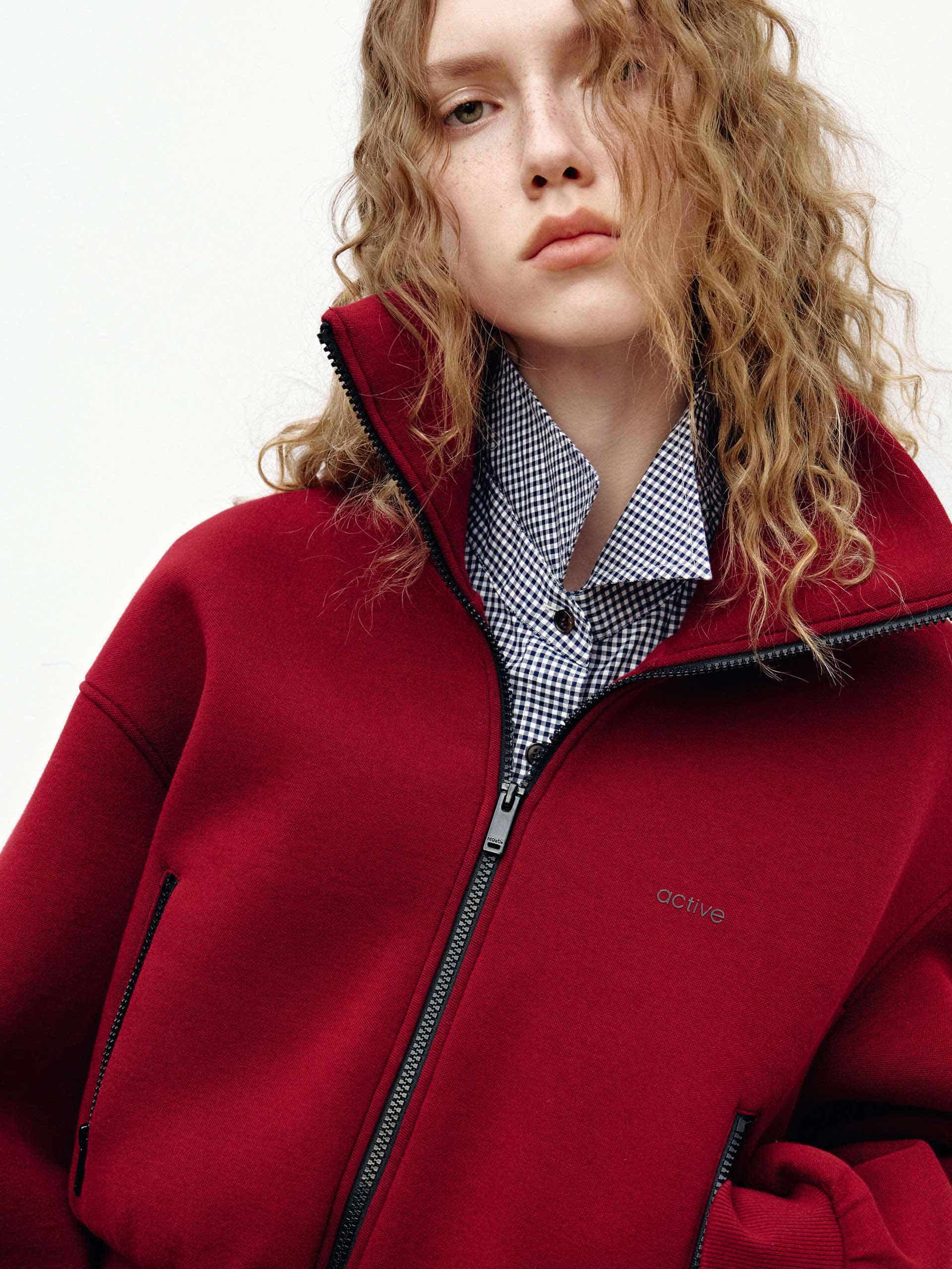 MO&Co. Cropped Athleisure Jacket with Wide Lapel Collar in Red