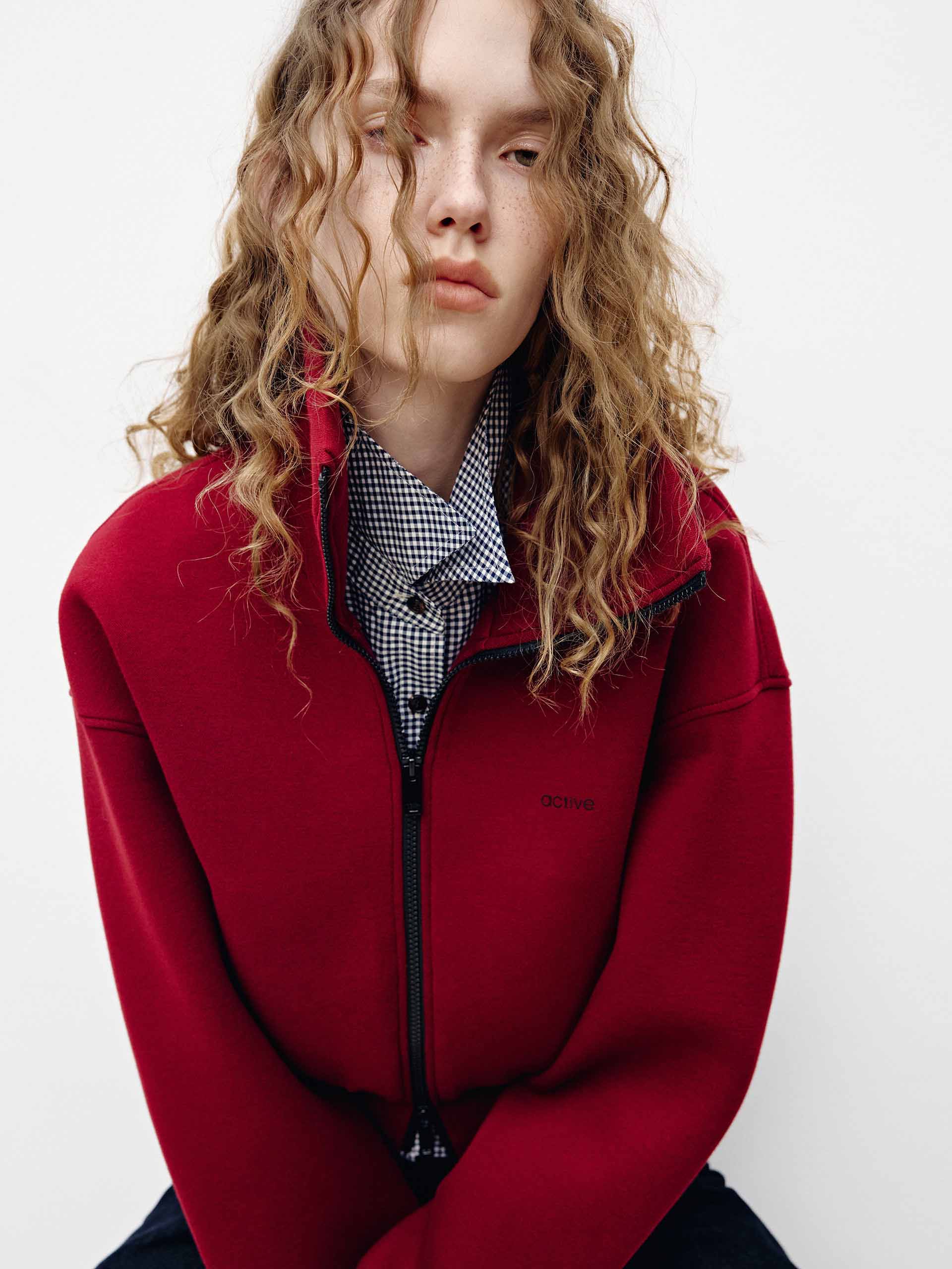 MO&Co. Cropped Athleisure Jacket with Wide Lapel Collar in Red