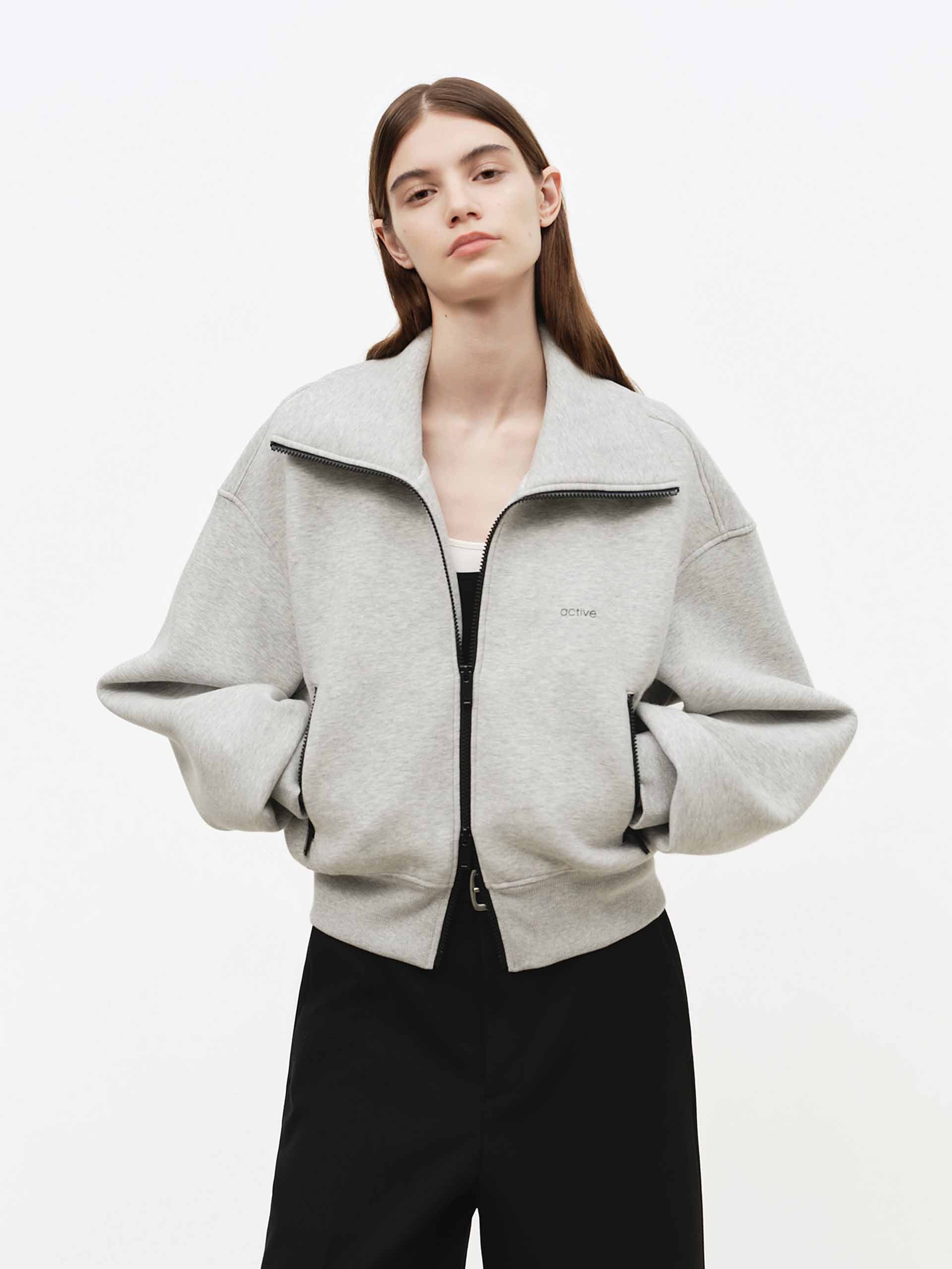 MO&Co. Cropped Athleisure Jacket with Wide Lapel Collar in Light Grey