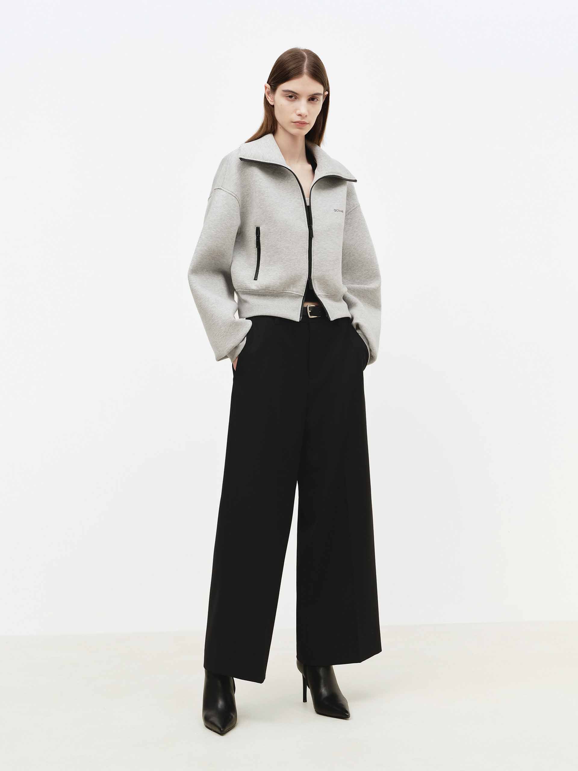 MO&Co. Cropped Athleisure Jacket with Wide Lapel Collar in Light Grey