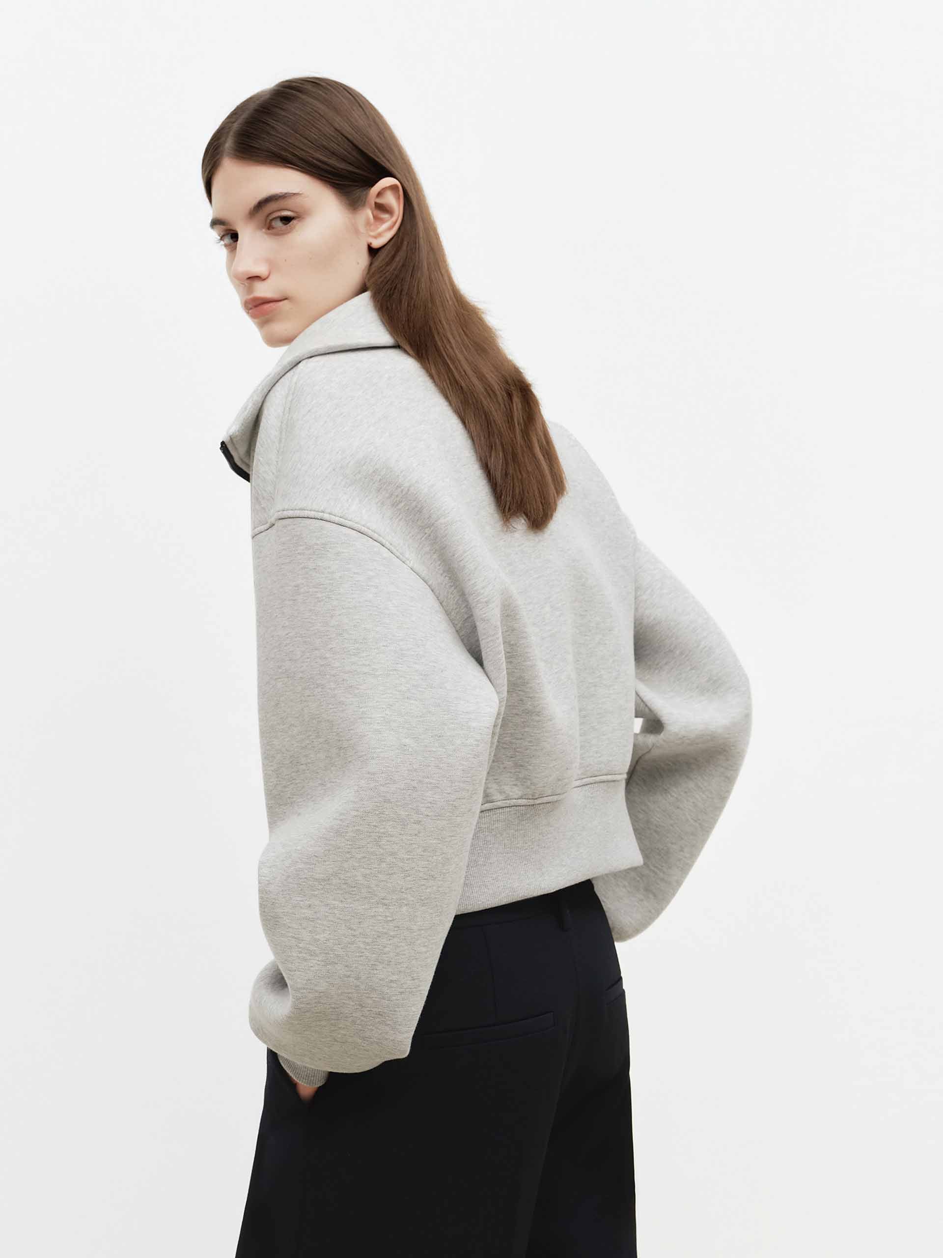 MO&Co. Cropped Athleisure Jacket with Wide Lapel Collar in Light Grey