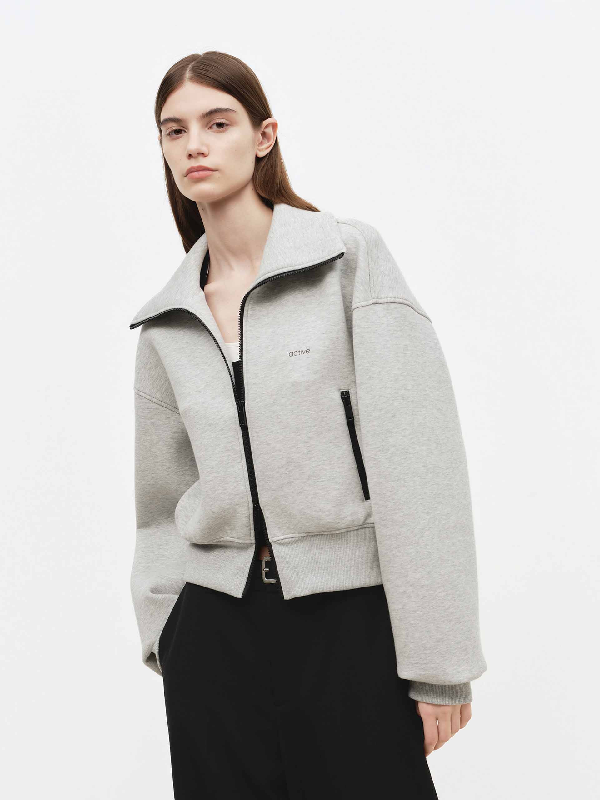 MO&Co. Cropped Athleisure Jacket with Wide Lapel Collar in Light Grey