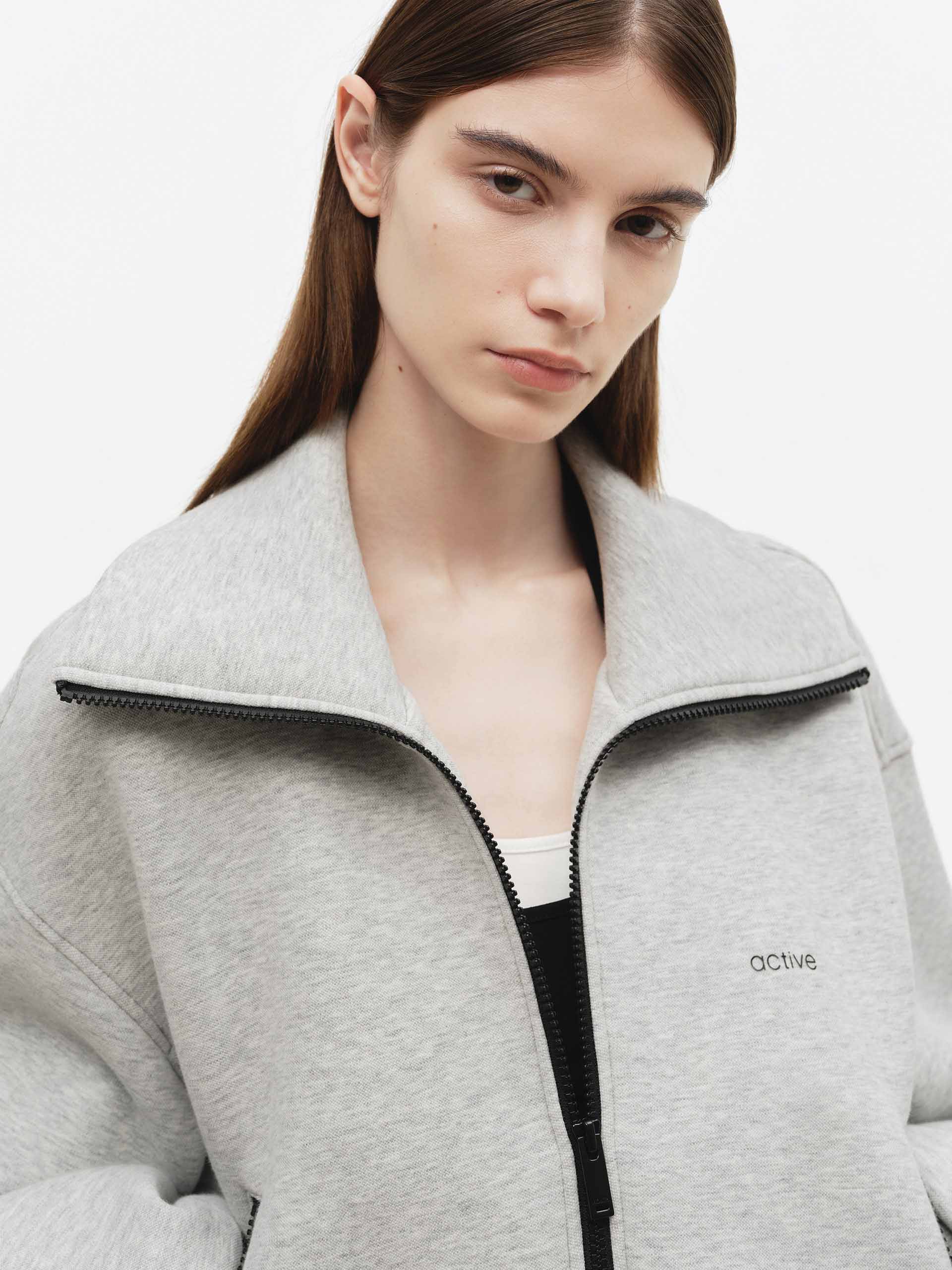 MO&Co. Cropped Athleisure Jacket with Wide Lapel Collar in Light Grey