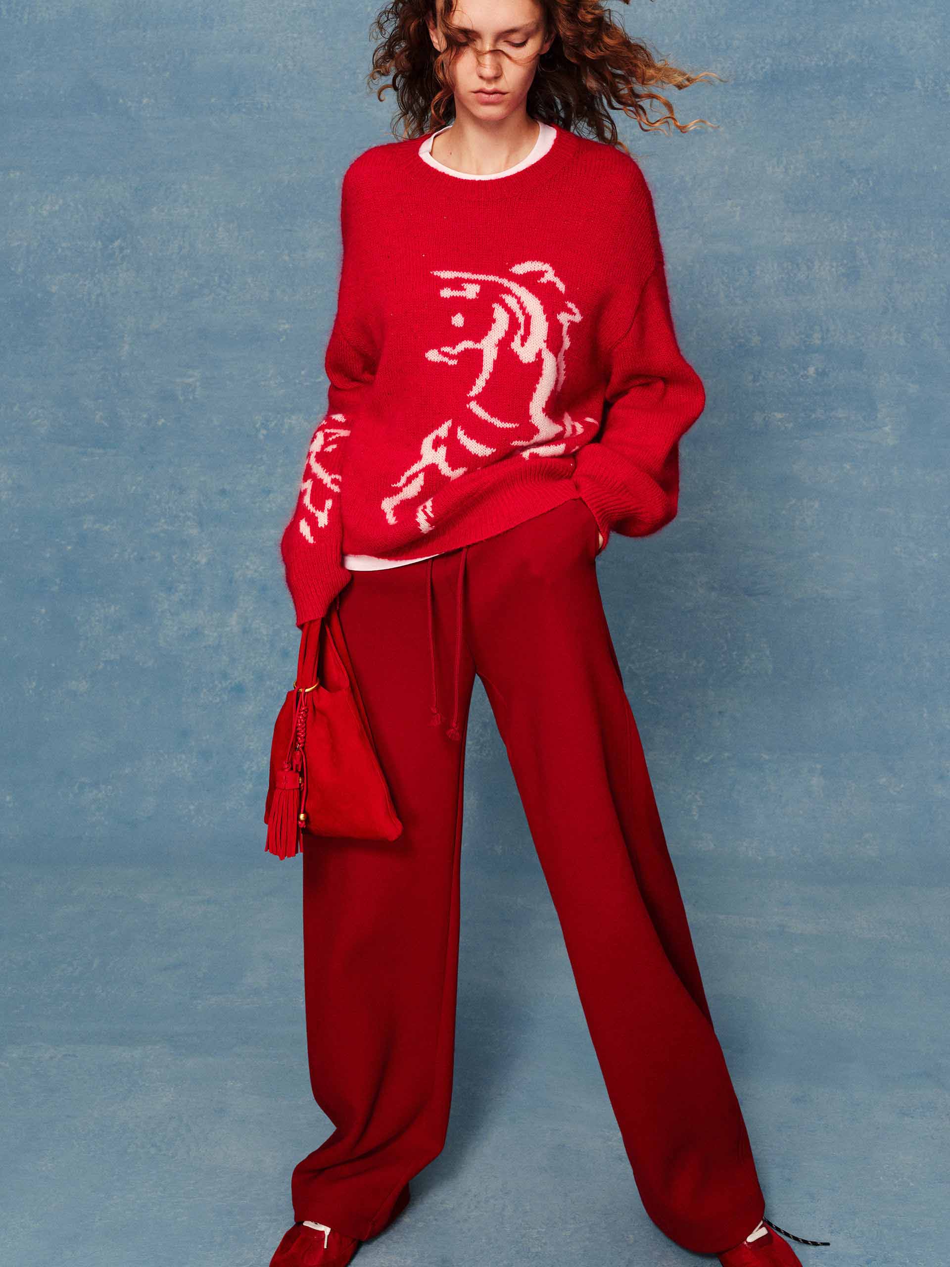 MO&Co. Drawstring Barrel Pants with Asymmetrical Seams in Red