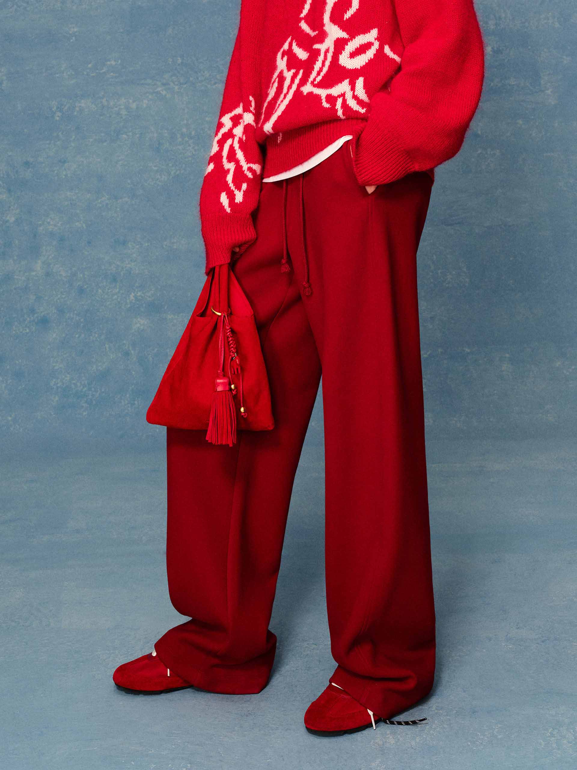 MO&Co. Drawstring Barrel Pants with Asymmetrical Seams in Red