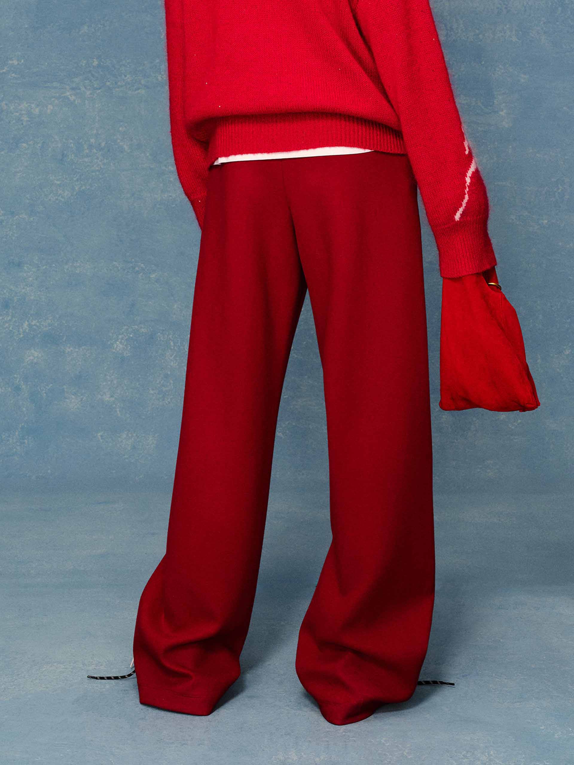 MO&Co. Drawstring Barrel Pants with Asymmetrical Seams in Red
