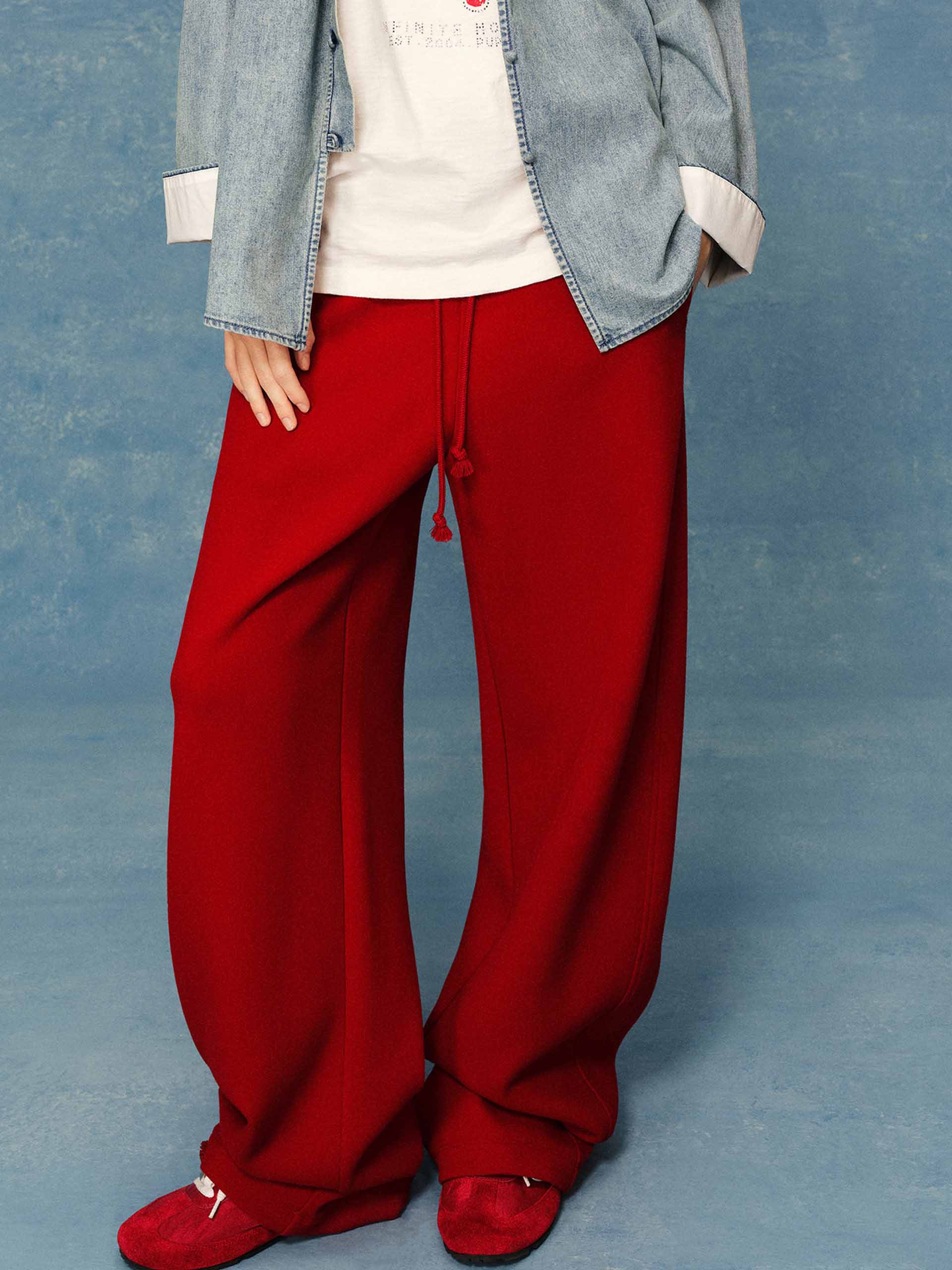 MO&Co. Drawstring Barrel Pants with Asymmetrical Seams in Red