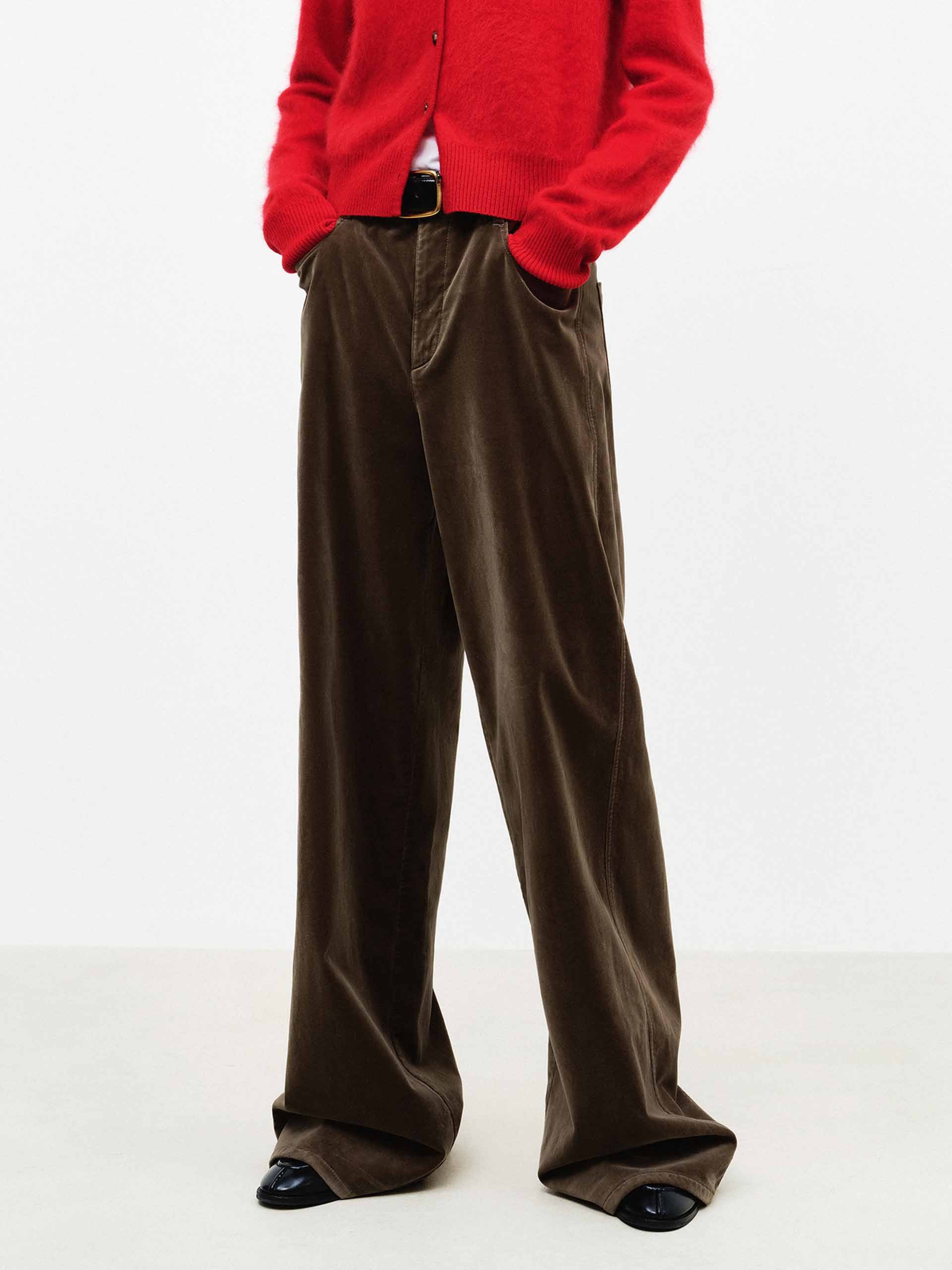 MO&Co. Women's Velvet Touch Brown Trousers | Relaxed Fit in Brown