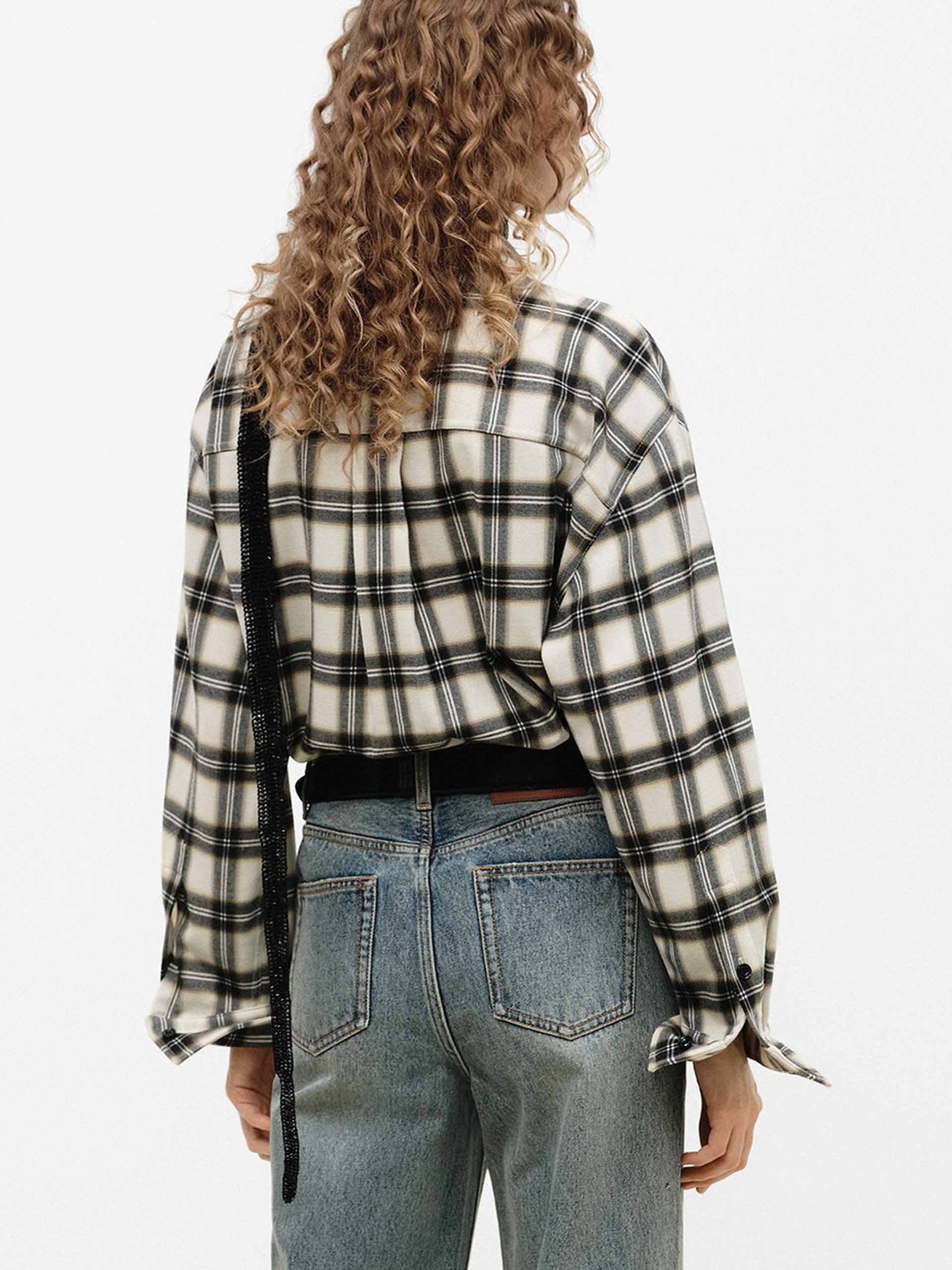 MO&Co. Curved Hem Plaid Shirt - Loose Fit Button-Up