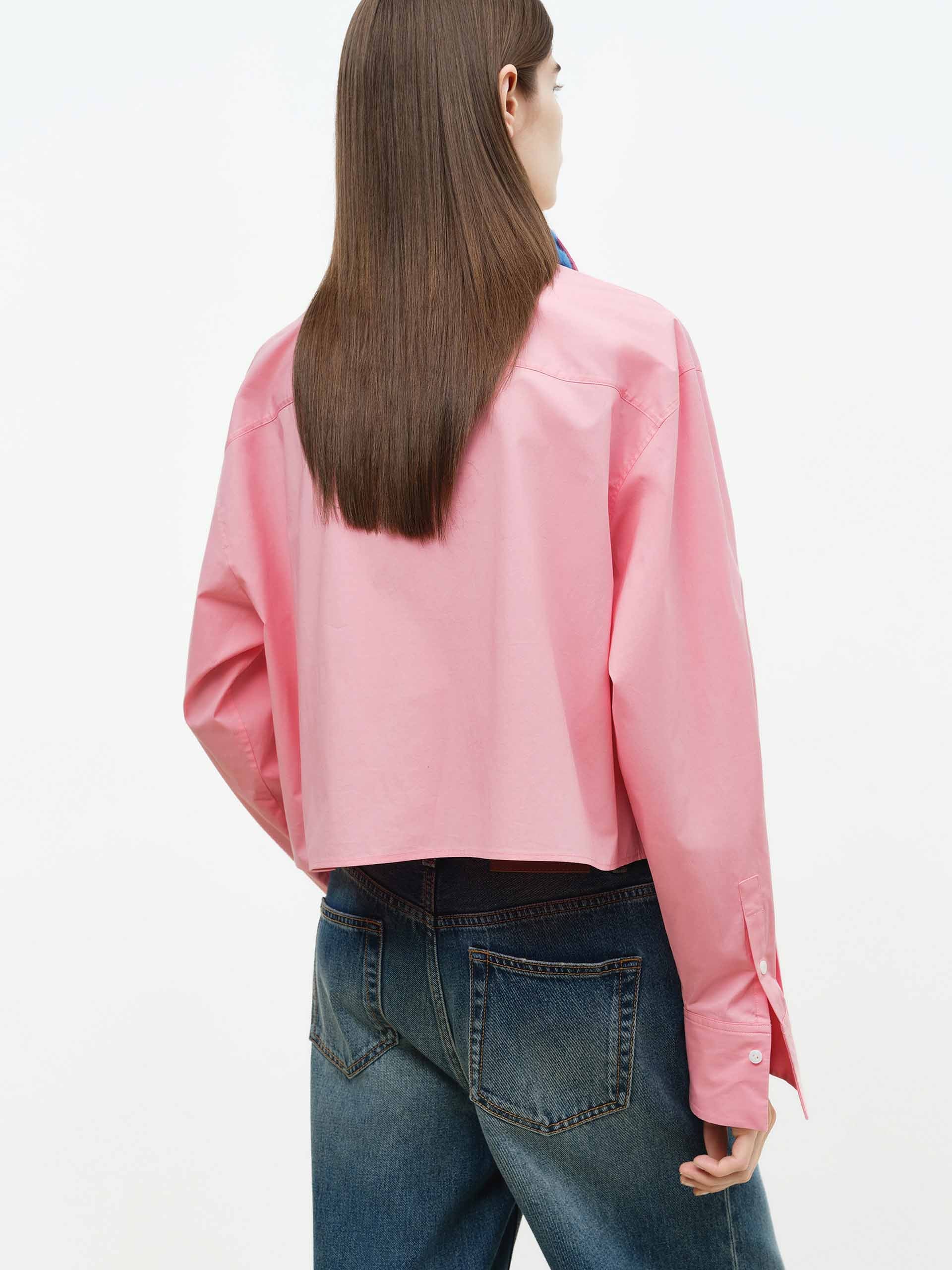 MO&Co. Women's Cotton Blend Cropped Shirt | Tailored Fit in Pink