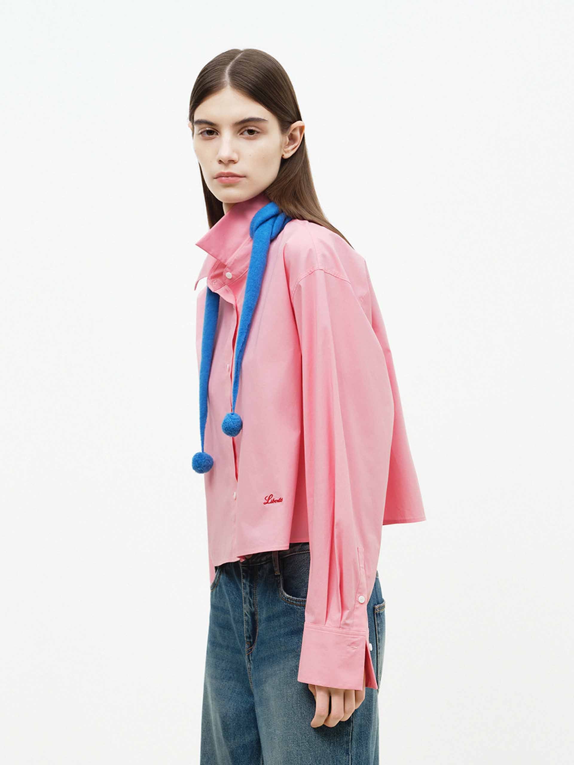 MO&Co. Women's Cotton Blend Cropped Shirt | Tailored Fit in Pink