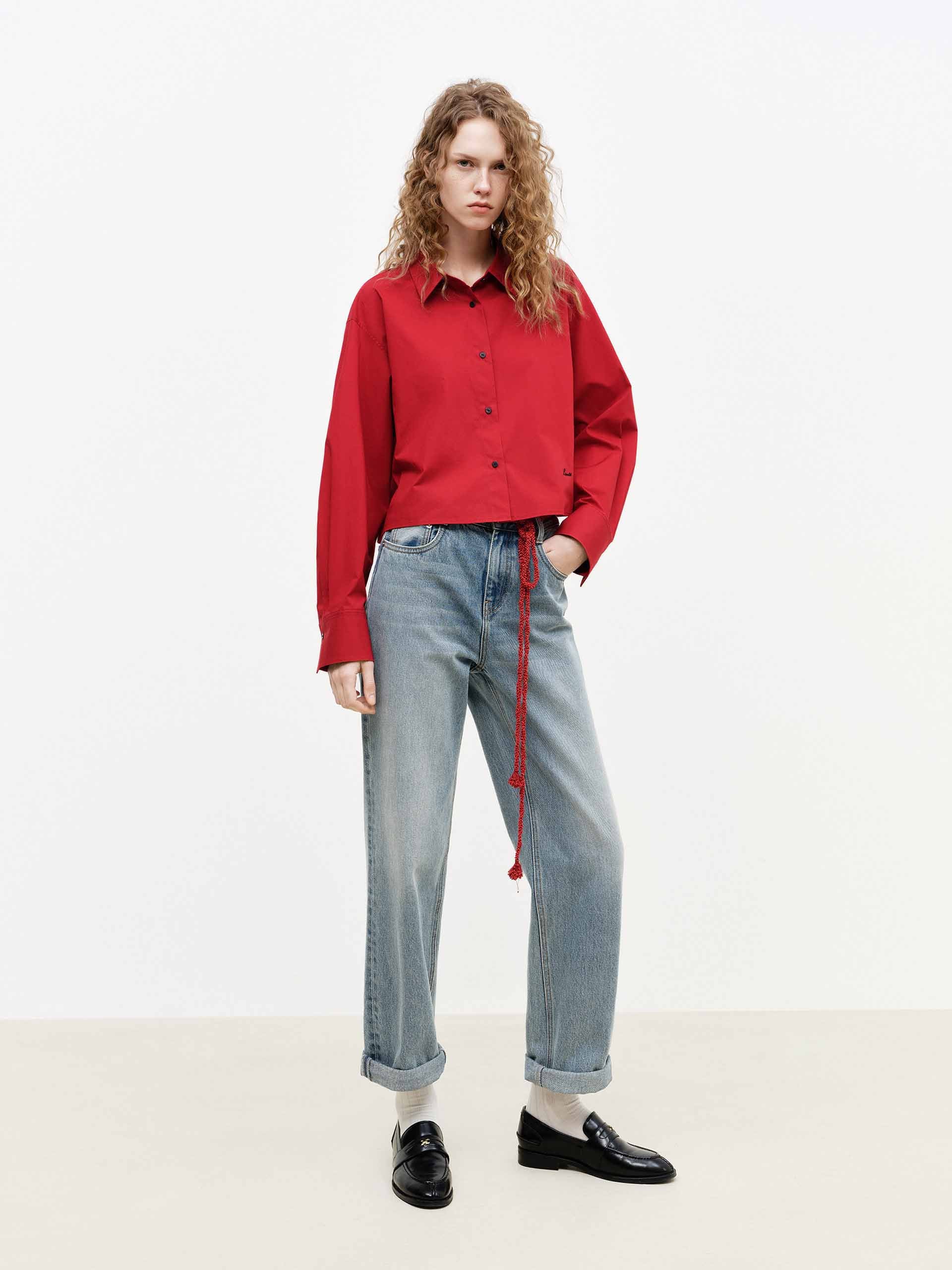 MO&Co. Women's Cotton Blend Cropped Shirt | Tailored Fit in Red