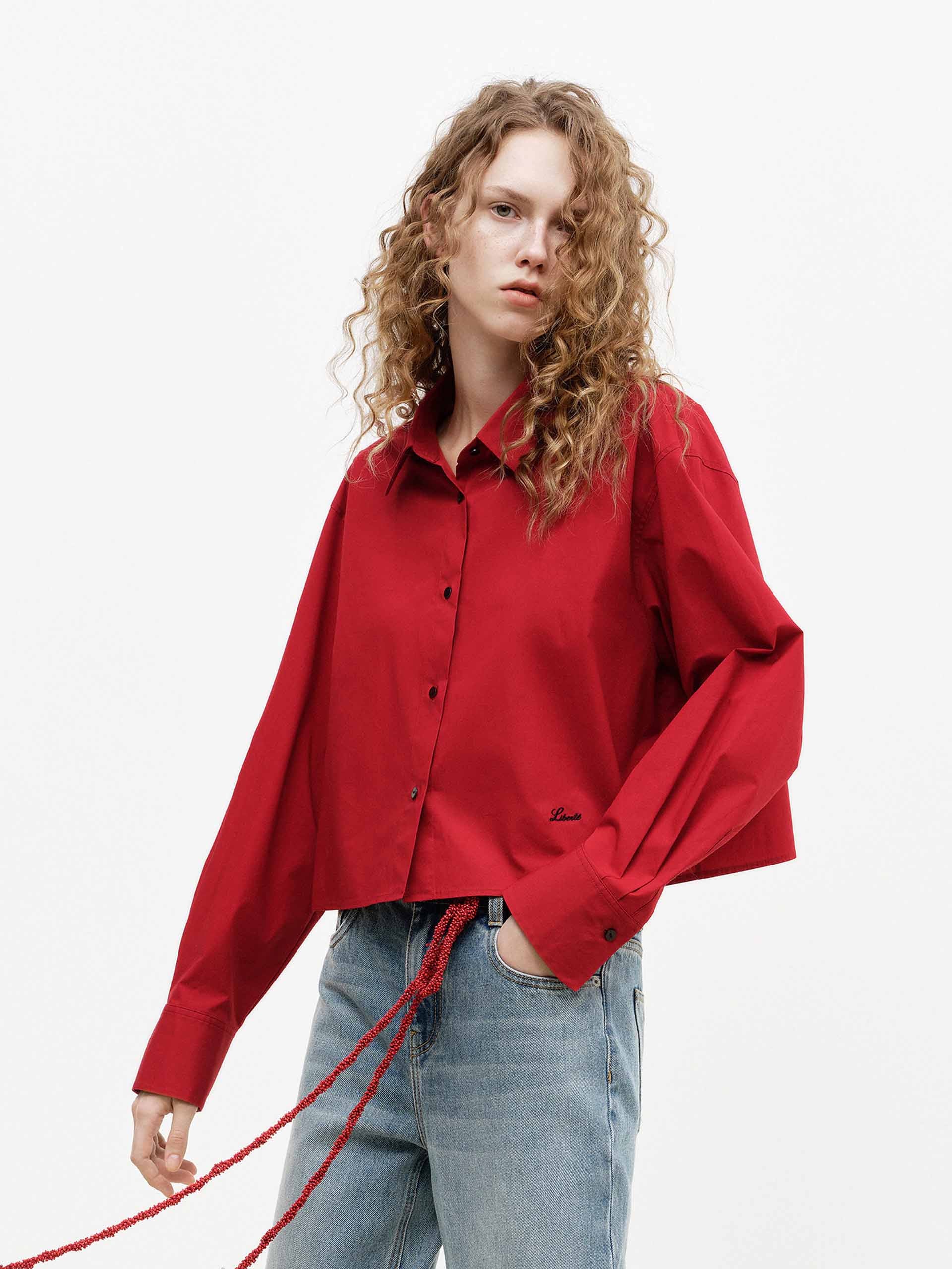 MO&Co. Women's Cotton Blend Cropped Shirt | Tailored Fit in Red