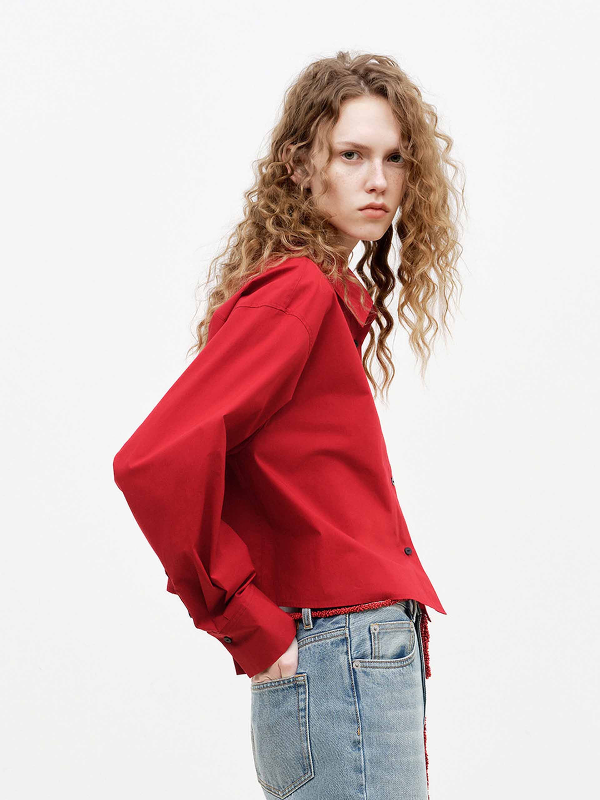 MO&Co. Women's Cotton Blend Cropped Shirt | Tailored Fit in Red