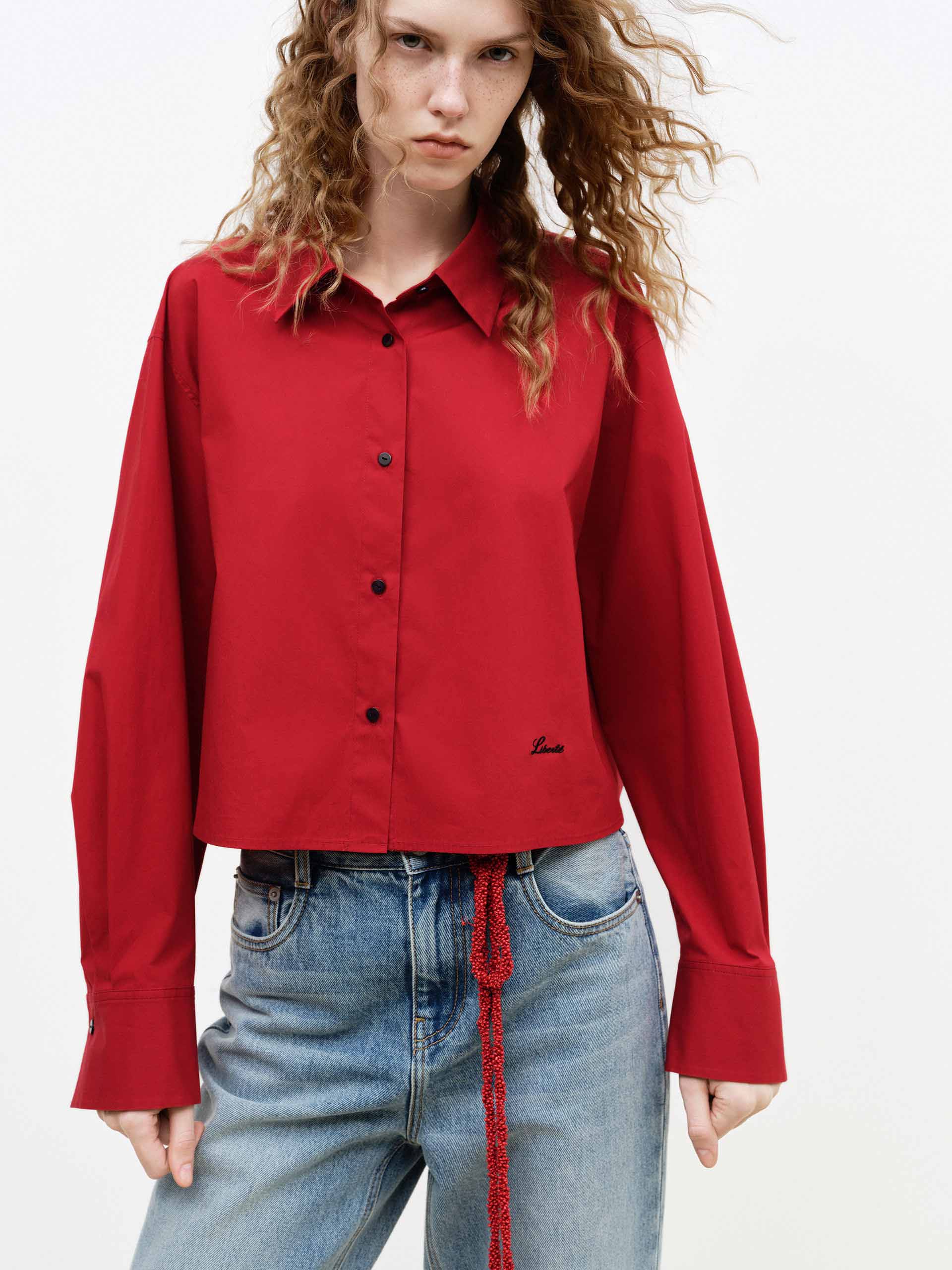 MO&Co. Women's Cotton Blend Cropped Shirt | Tailored Fit in Red