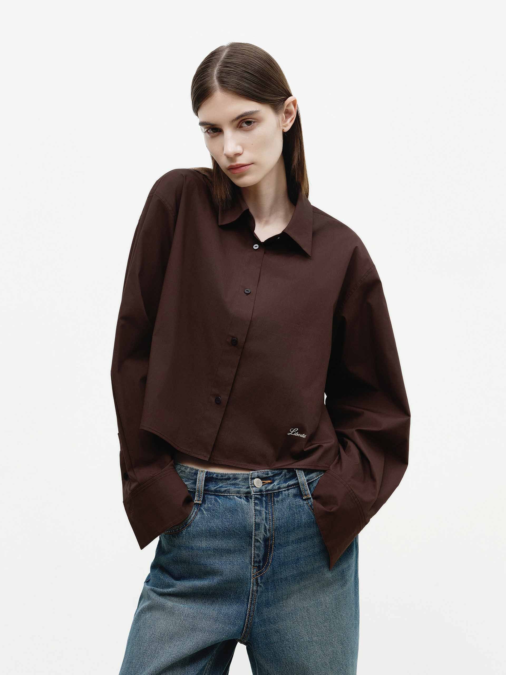 MO&Co. Women's Cotton Blend Cropped Shirt | Tailored Fit in Brown
