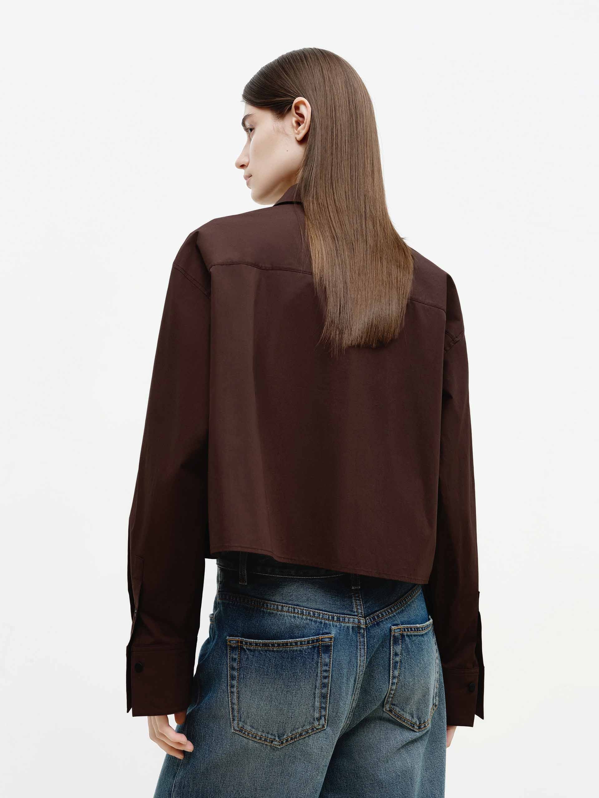 MO&Co. Women's Cotton Blend Cropped Shirt | Tailored Fit in Brown