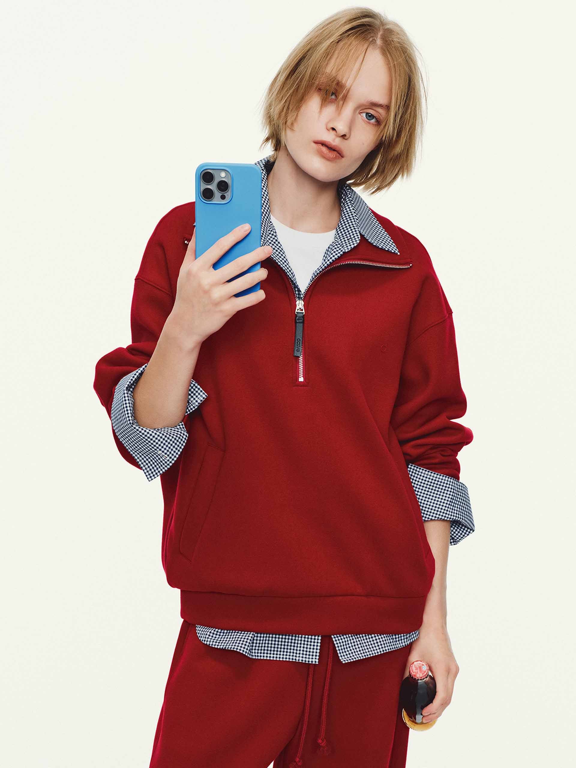 MO&Co. Women's Dropped Shoulder Hoodie – Side Pockets in Red