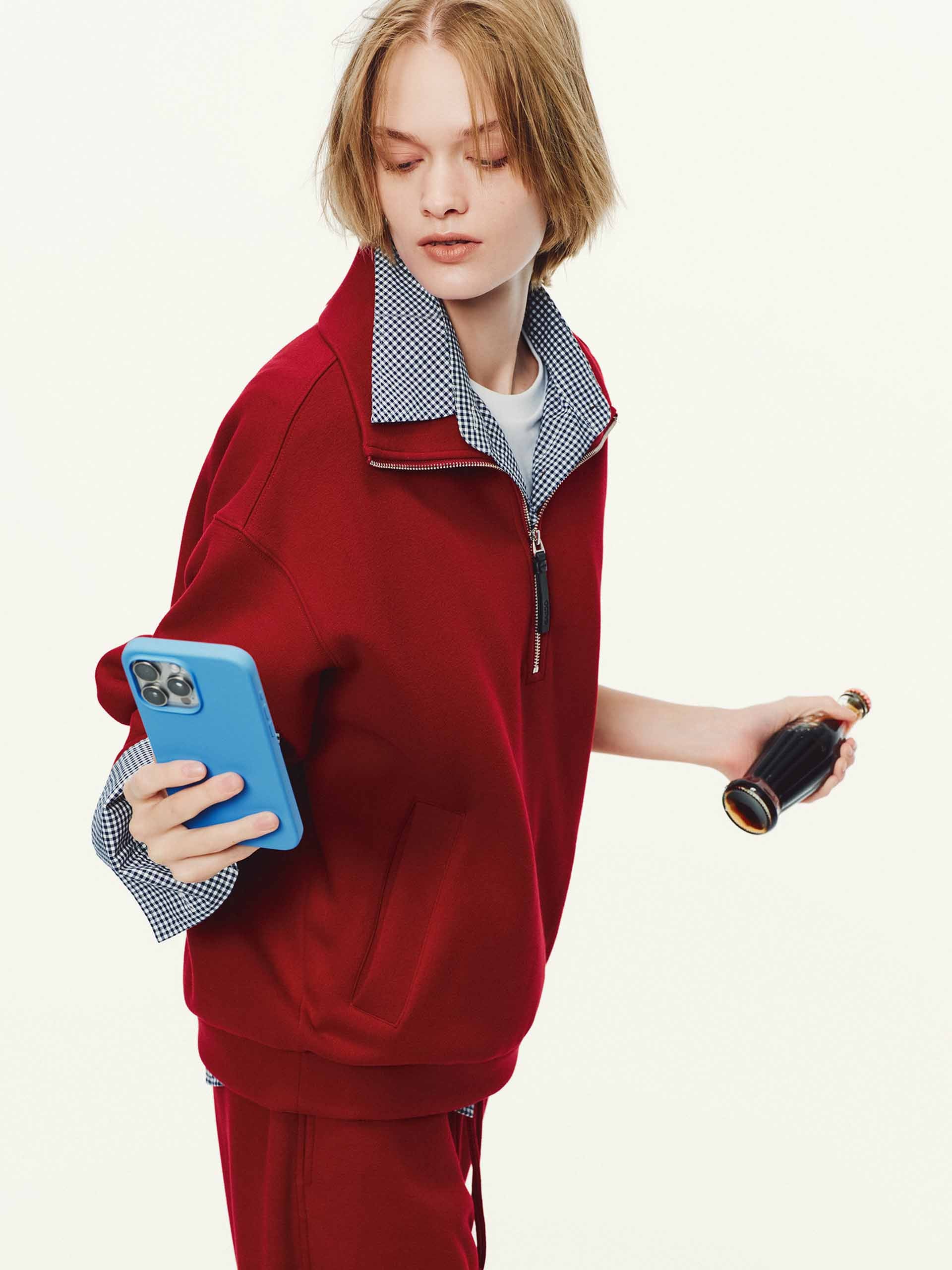 MO&Co. Women's Dropped Shoulder Hoodie – Side Pockets in Red