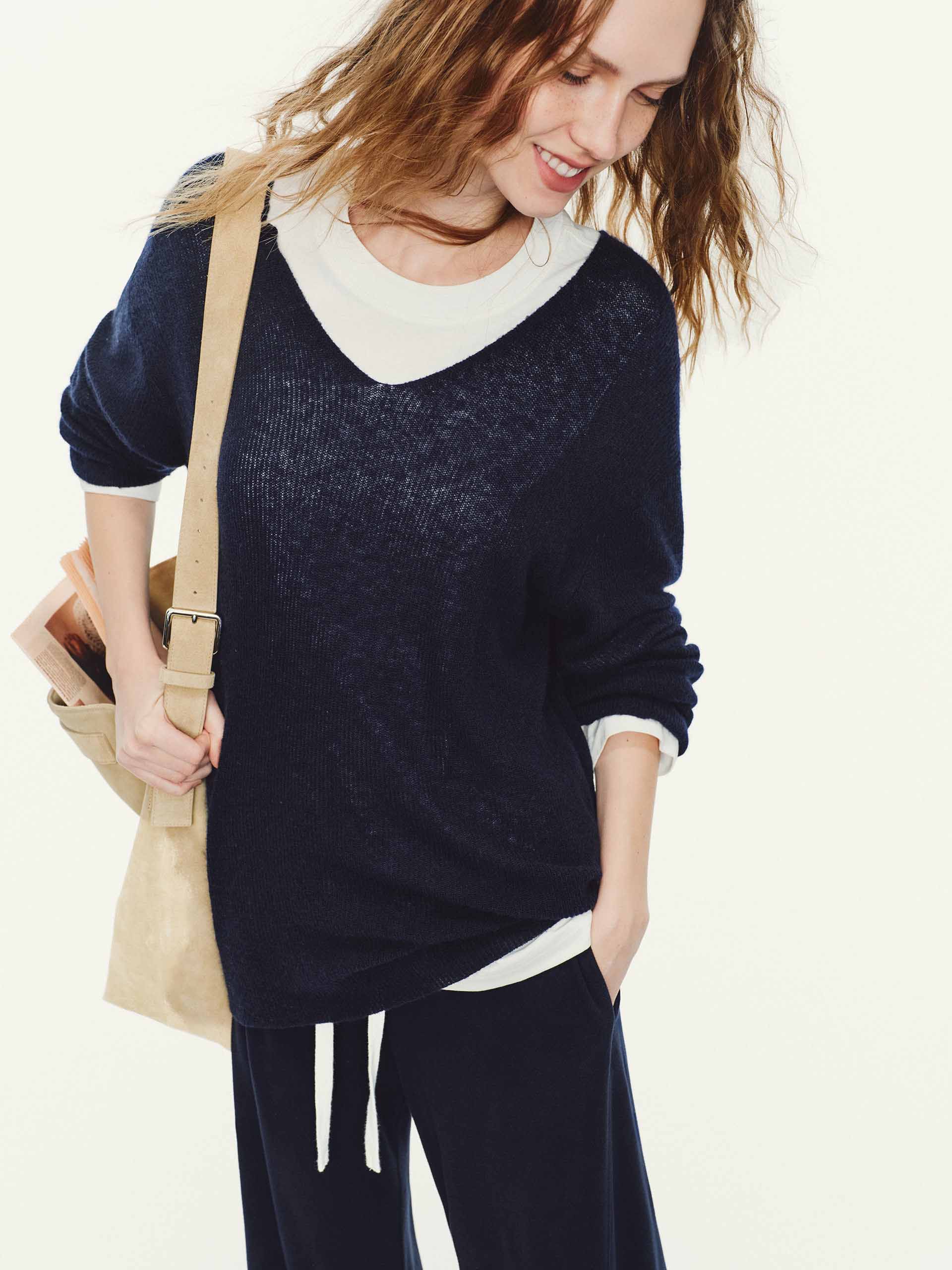 MO&Co. Women's Soft V-Neck Drop Shoulder Knit Sweater in Navy