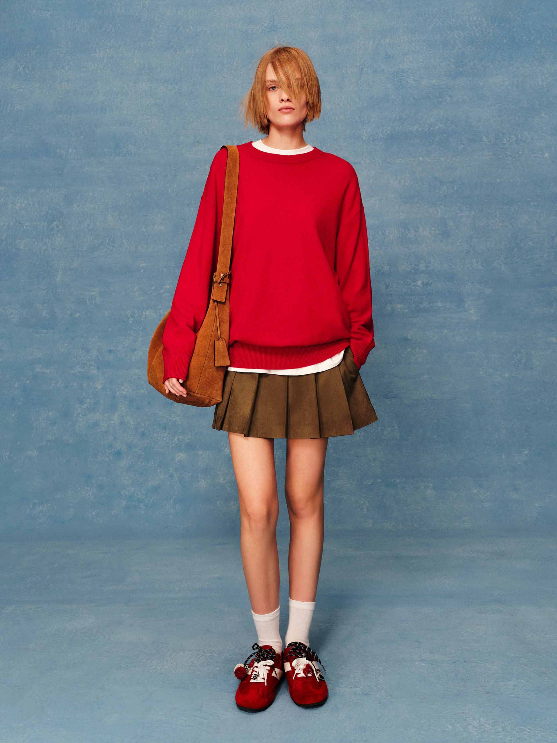 MO&Co. Backless Wool Cashmere Knit Sweater with Bow & Ribbed Trim in Red