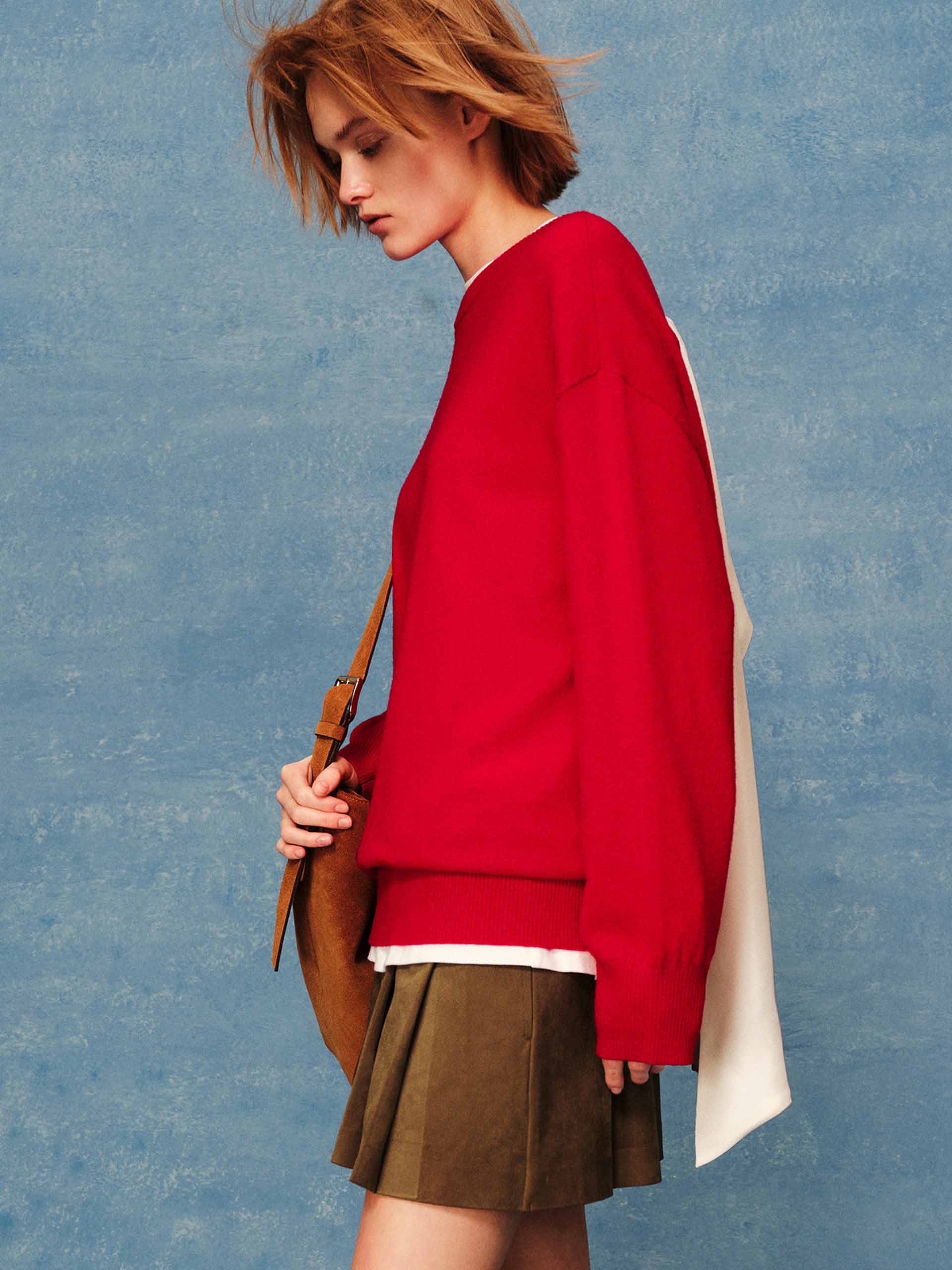 MO&Co. Backless Wool Cashmere Knit Sweater with Bow & Ribbed Trim in Red