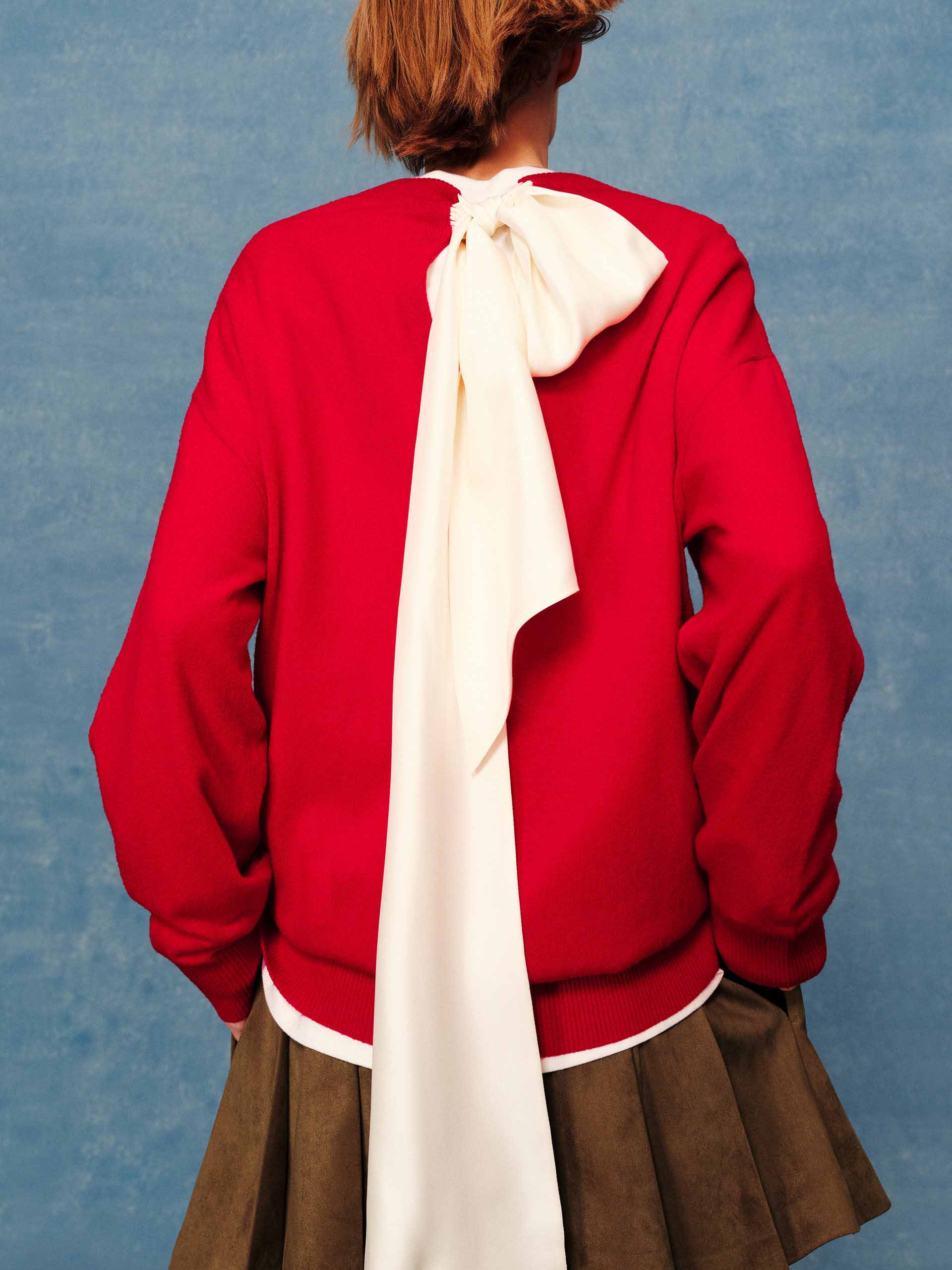 MO&Co. Backless Wool Cashmere Knit Sweater with Bow & Ribbed Trim in Red