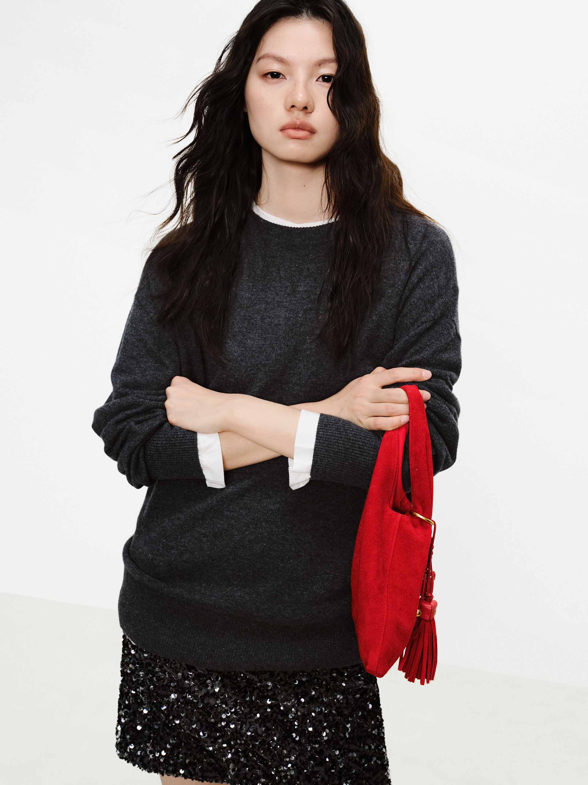 MO&Co. Backless Wool Cashmere Knit Sweater with Bow & Ribbed Trim in Grey