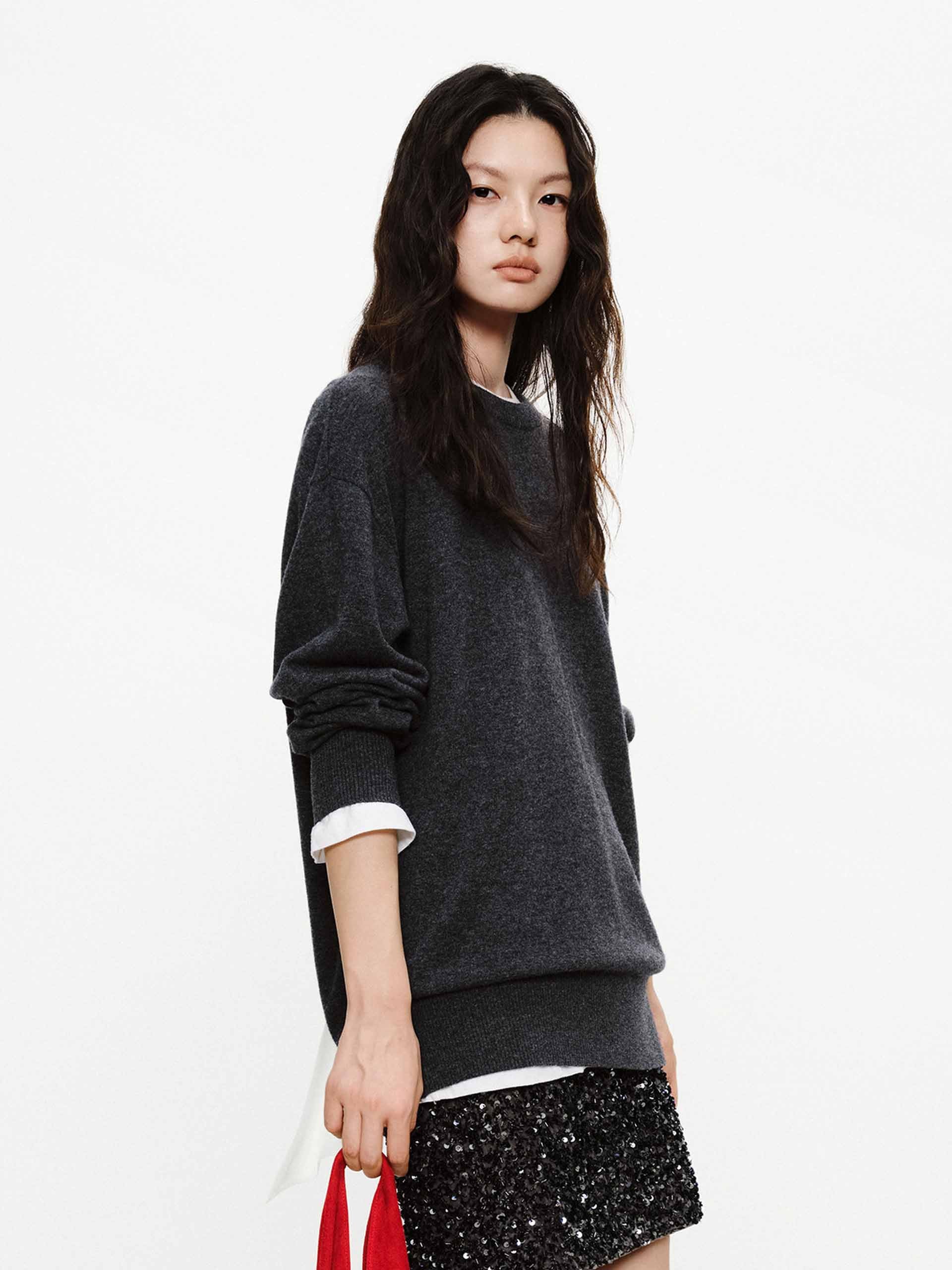 MO&Co. Backless Wool Cashmere Knit Sweater with Bow & Ribbed Trim in Grey