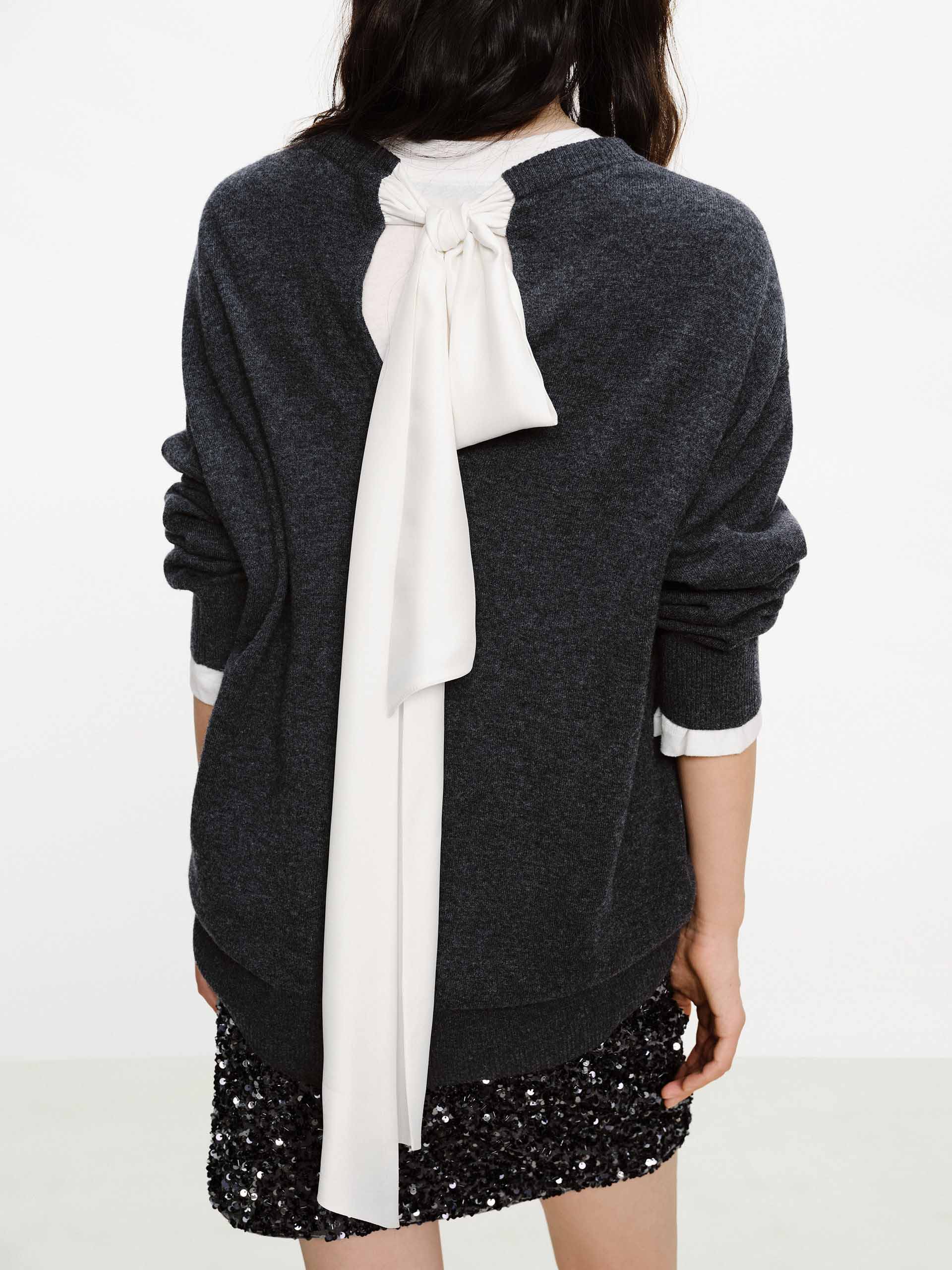 MO&Co. Backless Wool Cashmere Knit Sweater with Bow & Ribbed Trim in Grey