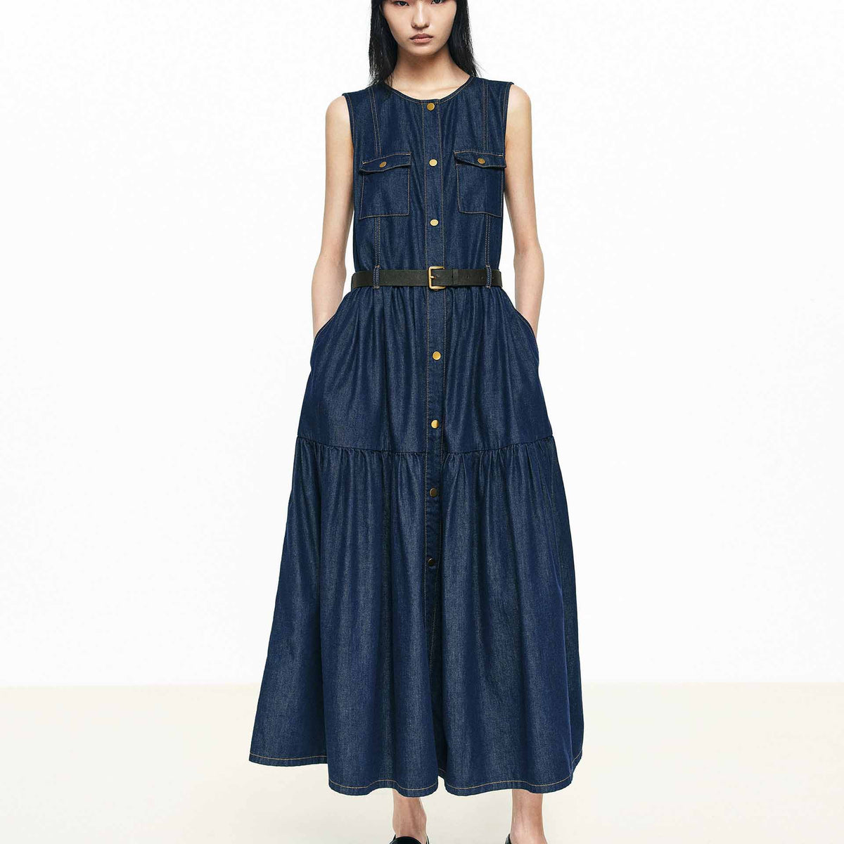 MO&Co. Women's Denim Sleeveless Maxi Dress
