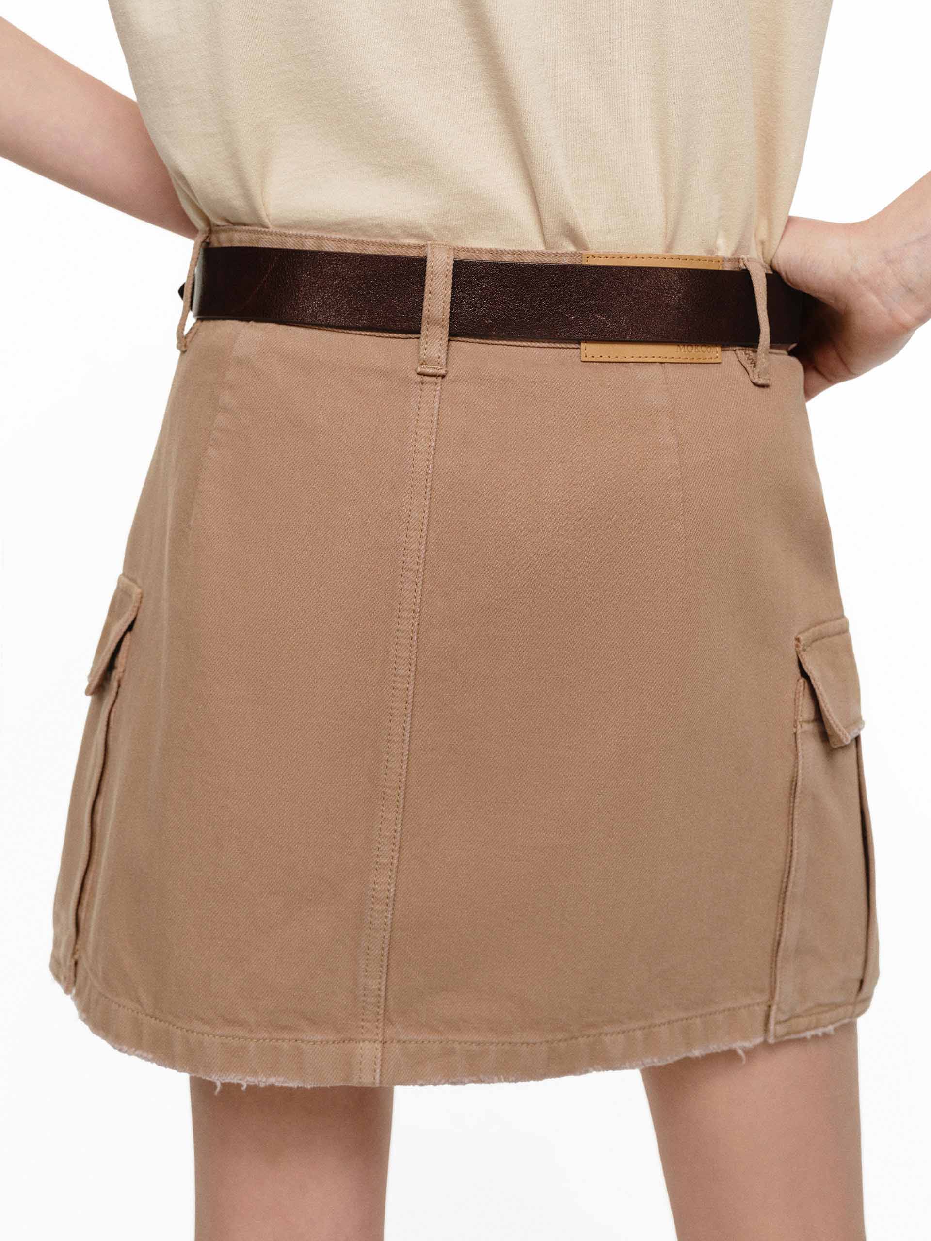 MO&Co. Women's Cargo Mini Skirt | Raw Hem Pocket Cotton Denim