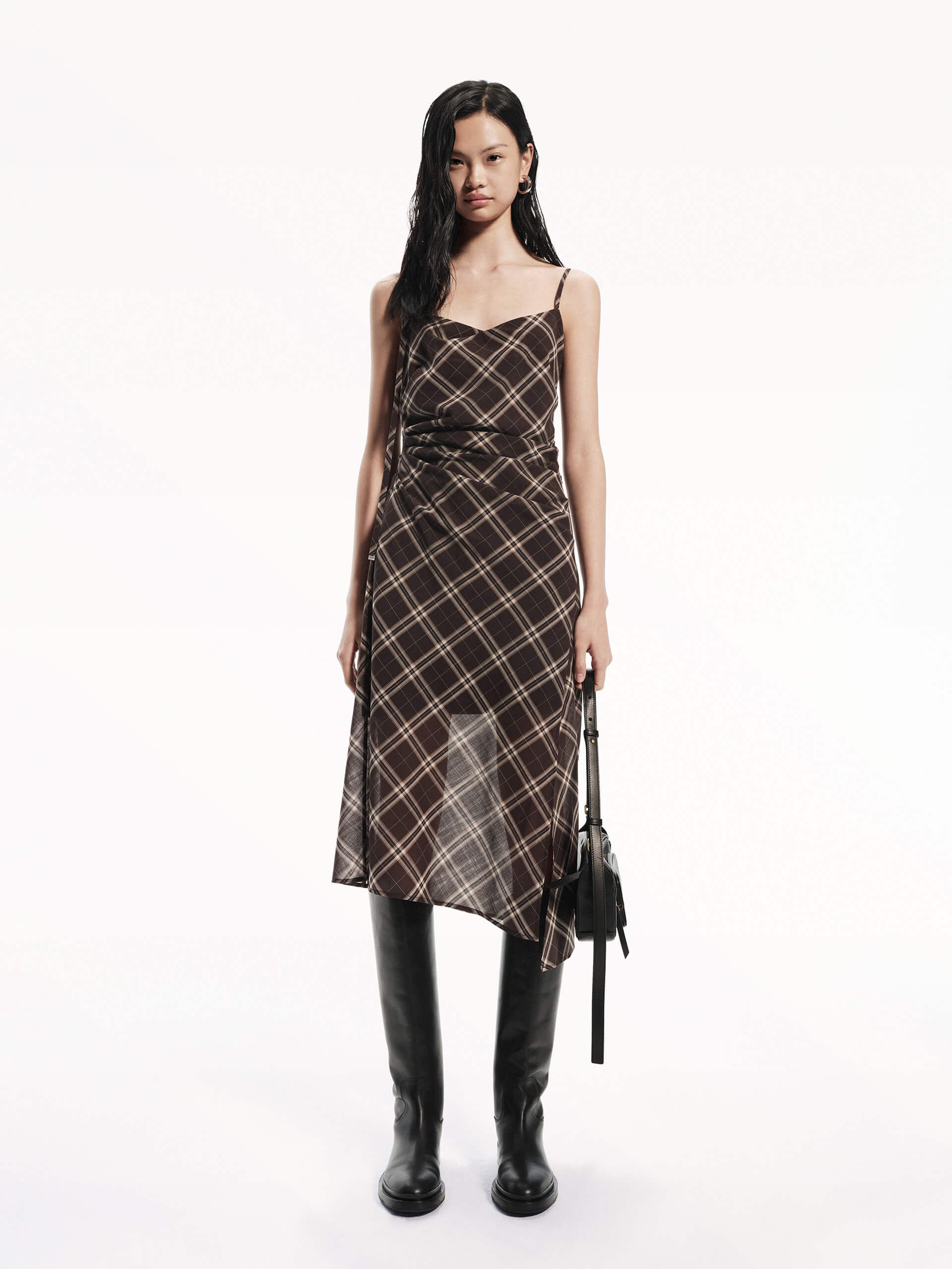 MO&Co. Women's Plaid Pattern Cami Dress Slit Detailed in Brown with Gathered Waist Details