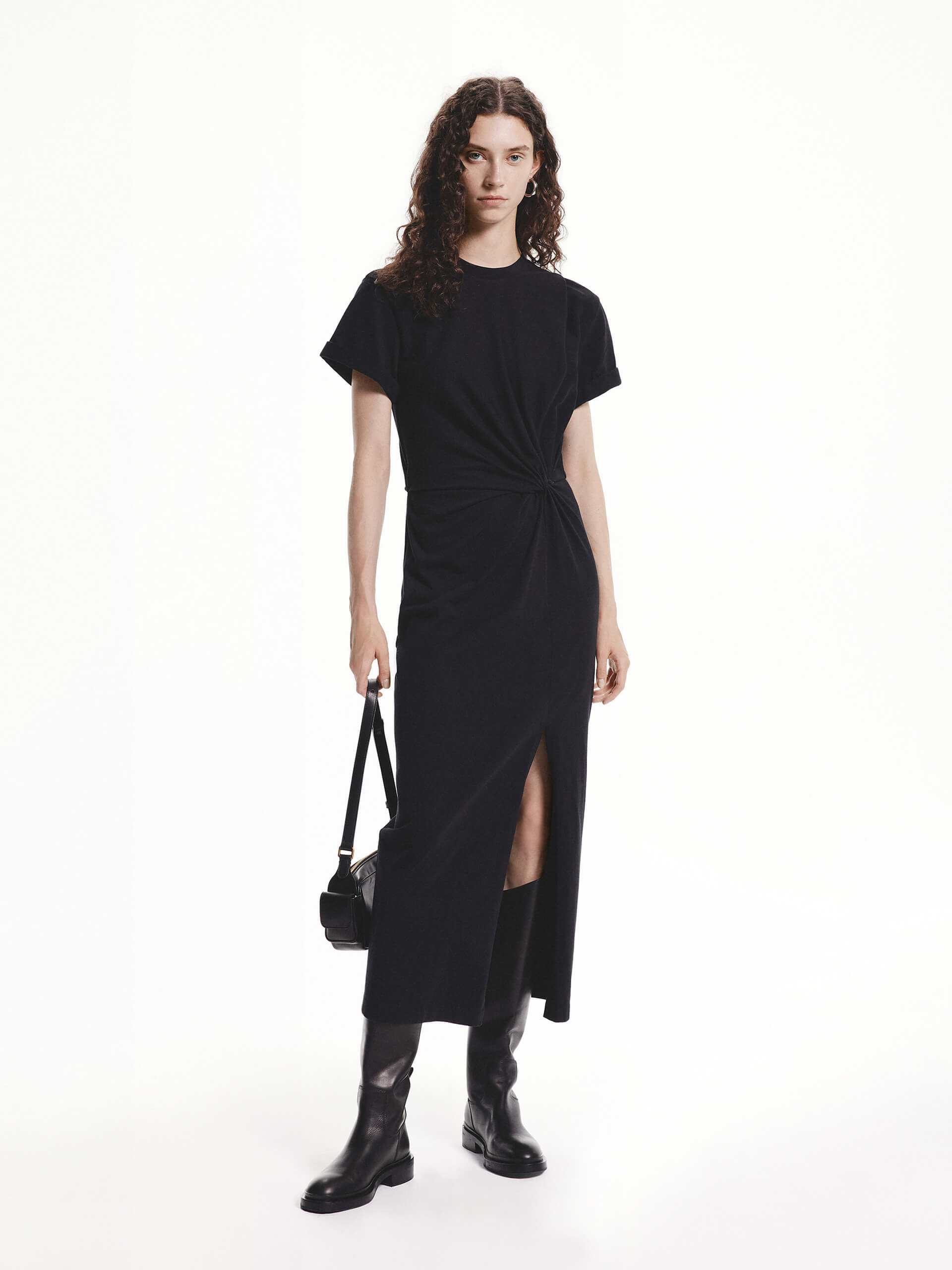 MO&Co. Women's Twist Detail Short Sleeves Midi Dress Black with Slit Detailing