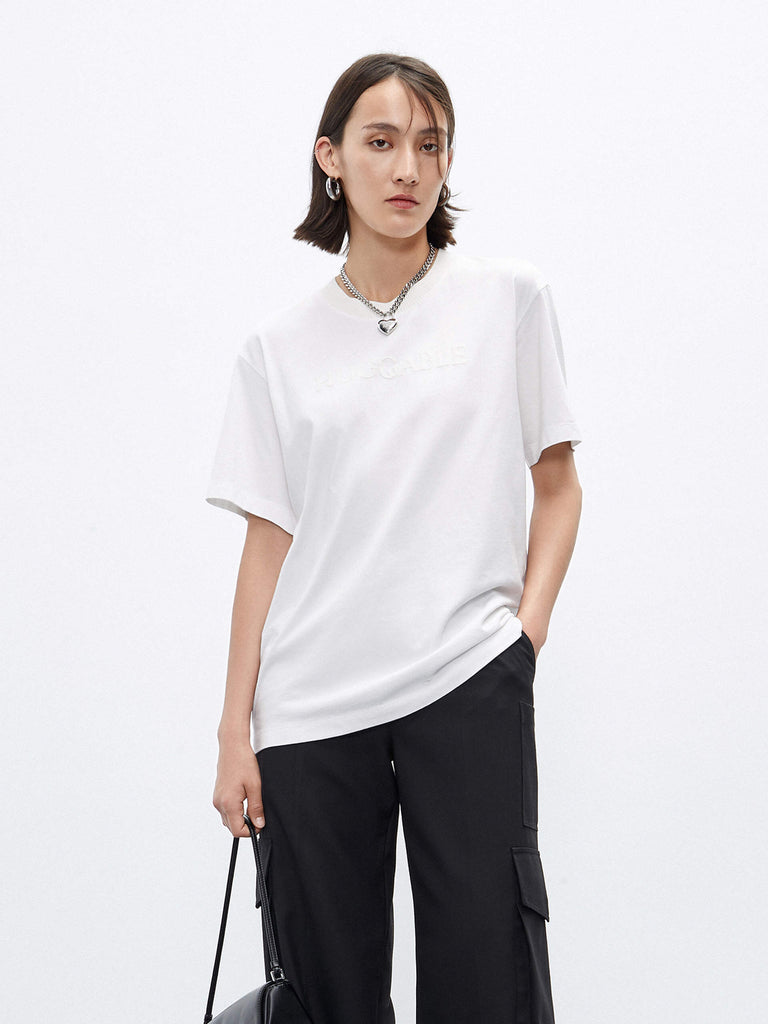 MO&Co. Women's Regular Fit Crew Neck 100 Cotton T-shirt with Embroidery Details in White